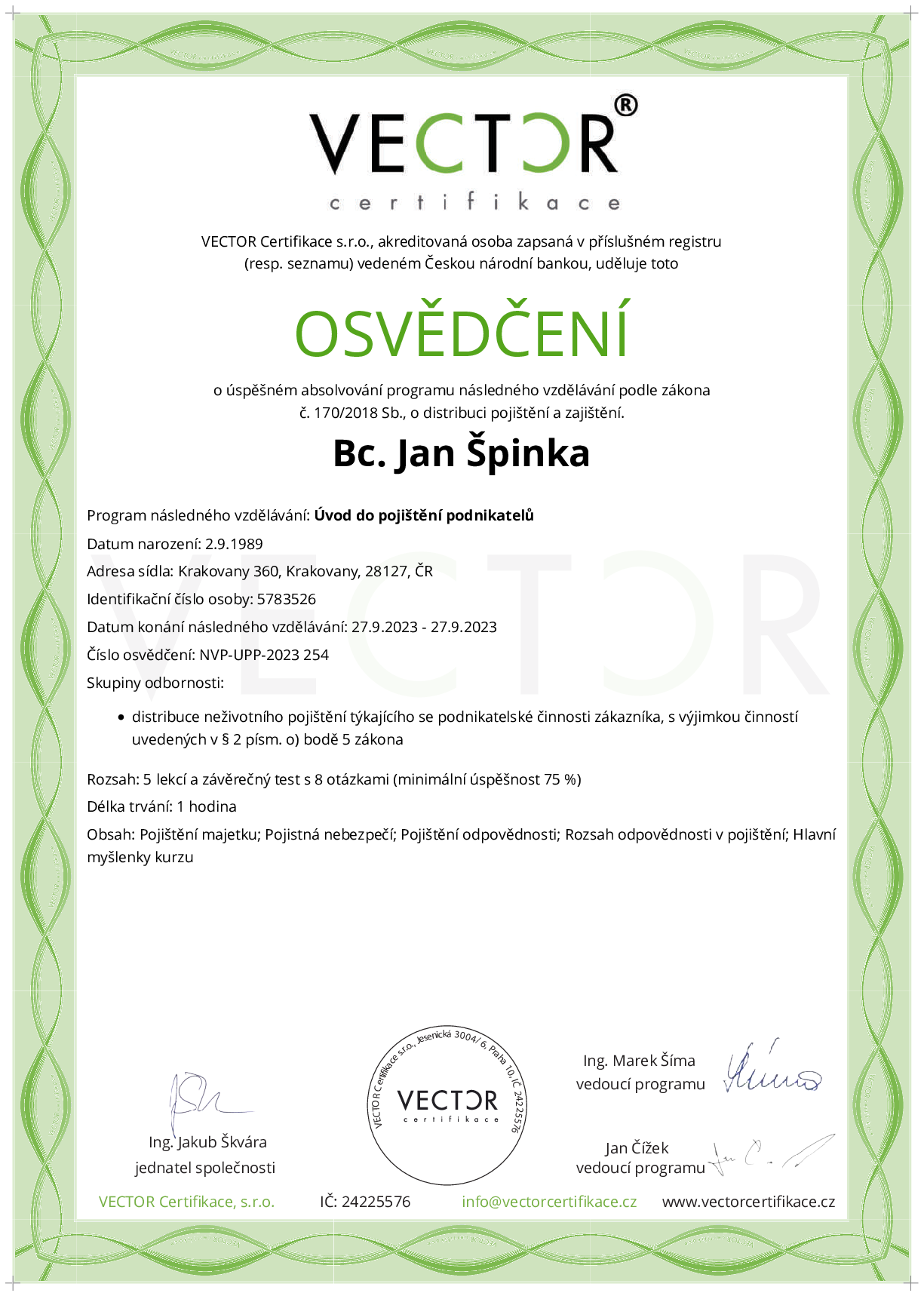 Osvědčení kurzu: Úvod do pojištění podnikatelů (NVP-UPP-2023)