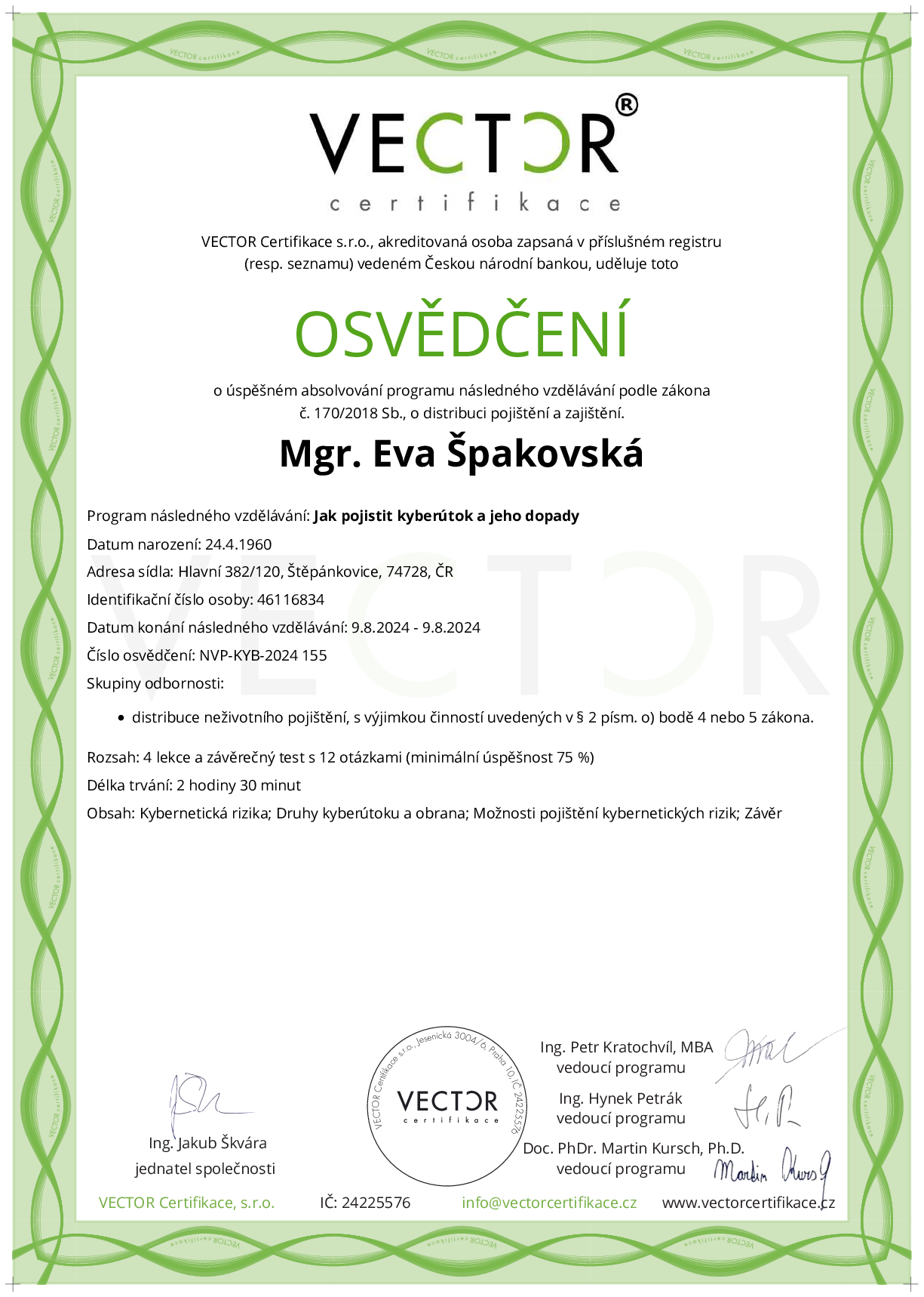 Osvědčení kurzu: Jak pojistit kyberútok a jeho dopady (NVP-KYB-2024)