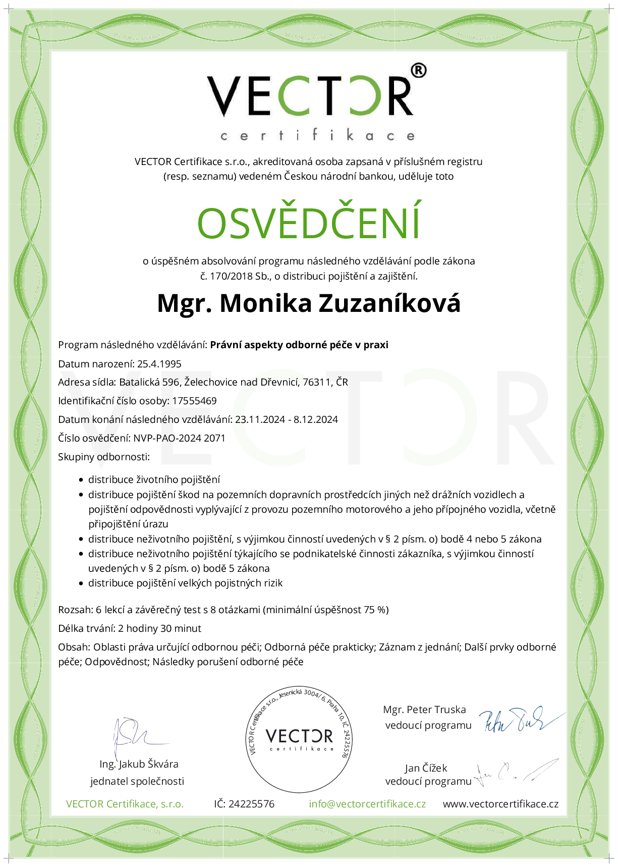 Osvědčení kurzu: Právní aspekty odborné péče v praxi (NVP-PAO-2024)