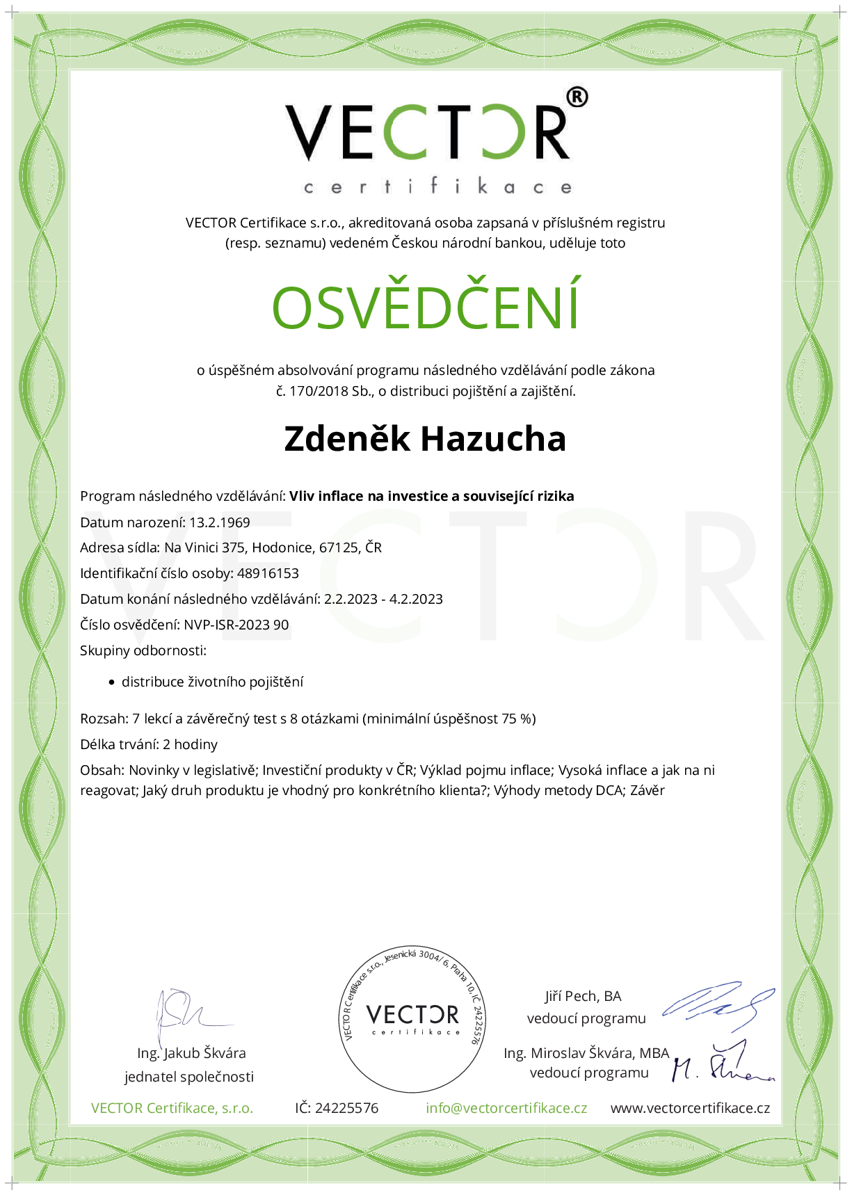 Osvědčení kurzu: Vliv inflace na investice a související rizika (NVP-ISR-2023)