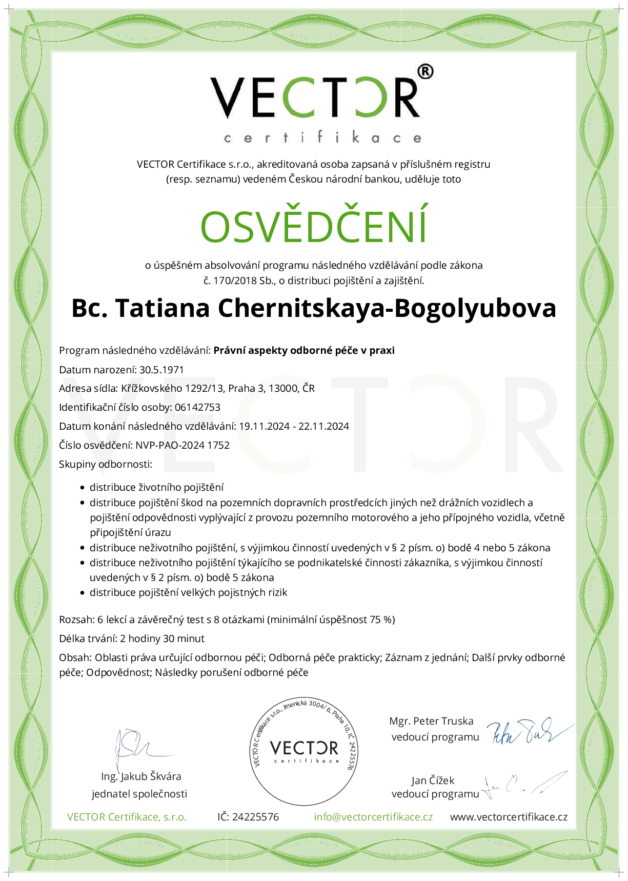 Osvědčení kurzu: Právní aspekty odborné péče v praxi (NVP-PAO-2024)