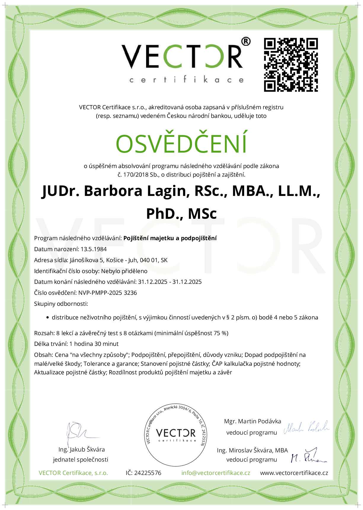 Osvědčení kurzu: Pojištění majetku a podpojištění (NVP-PMPP-2025)