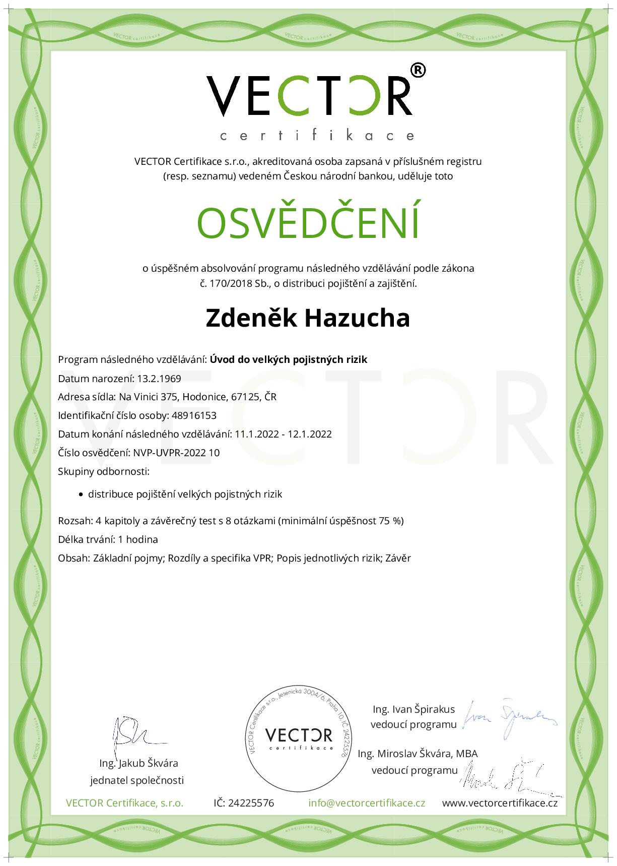 Osvědčení kurzu: Úvod do velkých pojistných rizik (NVP-UVPR-2022)