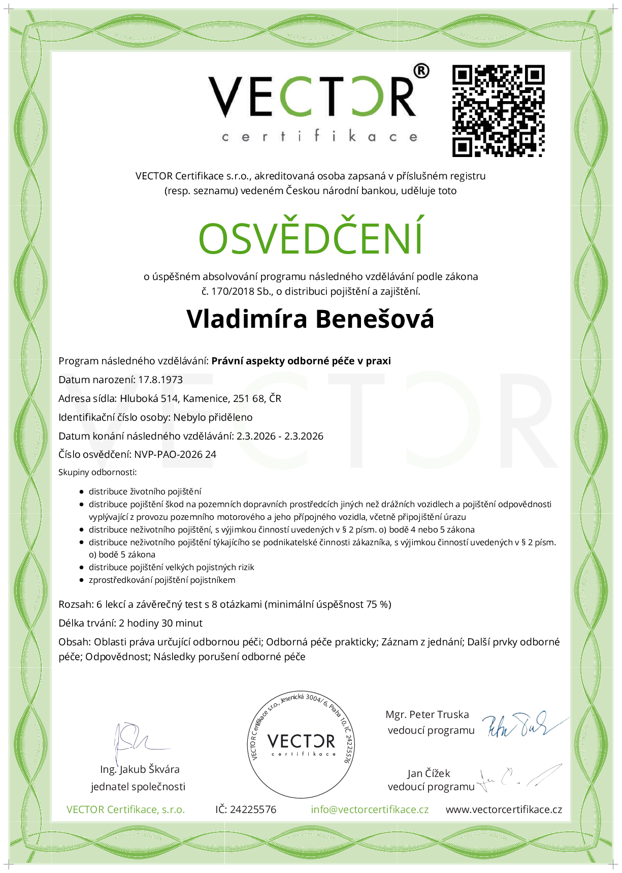 Osvědčení kurzu: Právní aspekty odborné péče v praxi (NVP-PAO-2026)