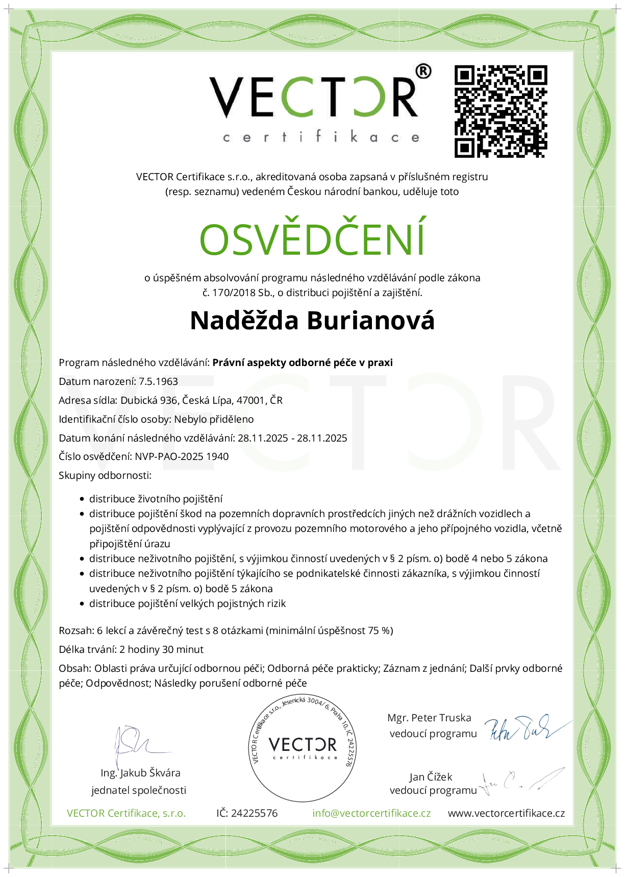 Osvědčení kurzu: Právní aspekty odborné péče v praxi (NVP-PAO-2025)