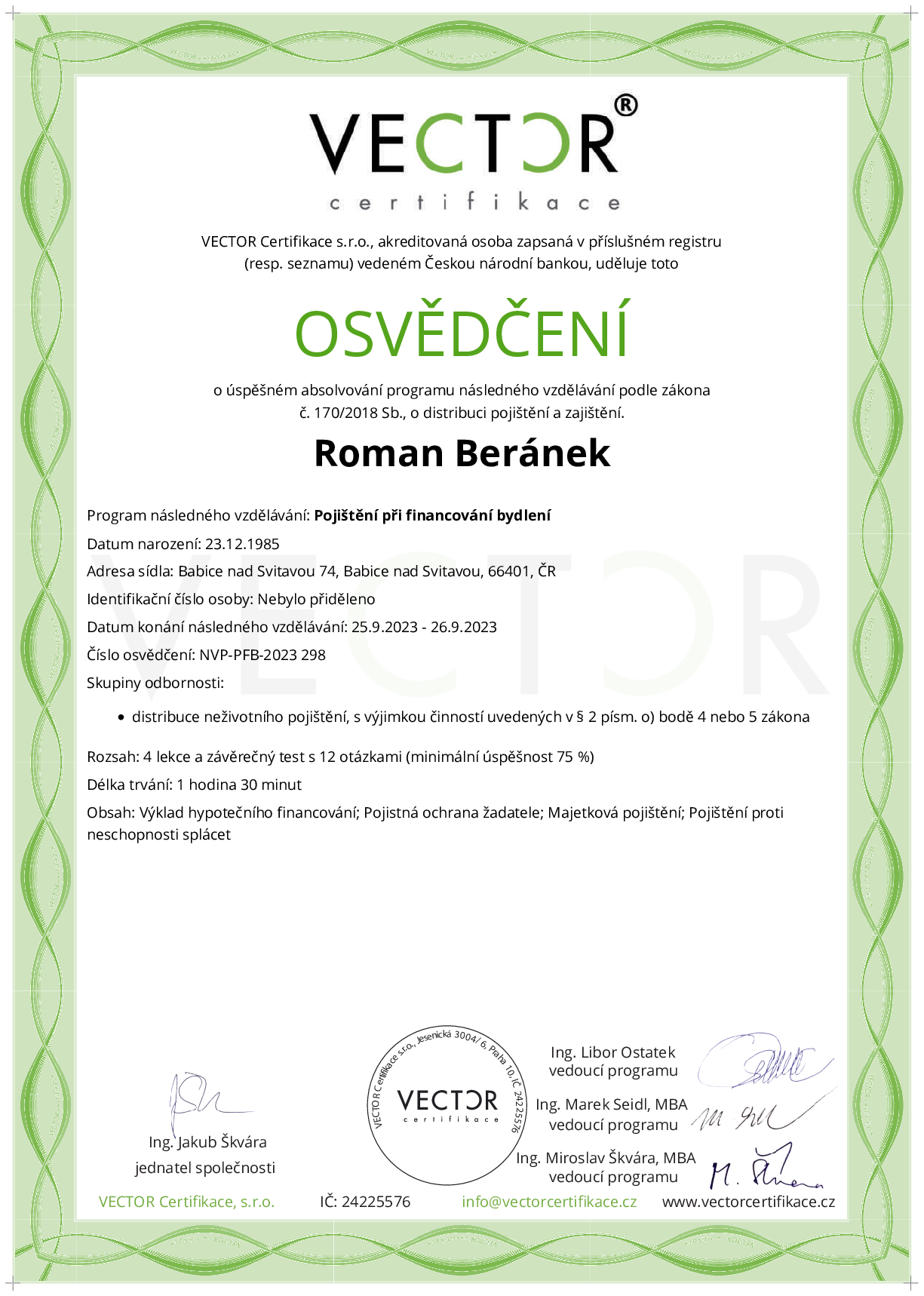 Osvědčení kurzu: Pojištění při financování bydlení (NVP-PFB-2023)