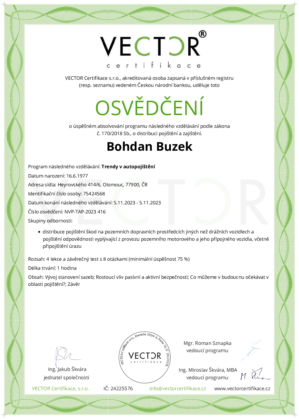 Osvědčení kurzu: Trendy v autopojištění (NVP-TAP-2023)