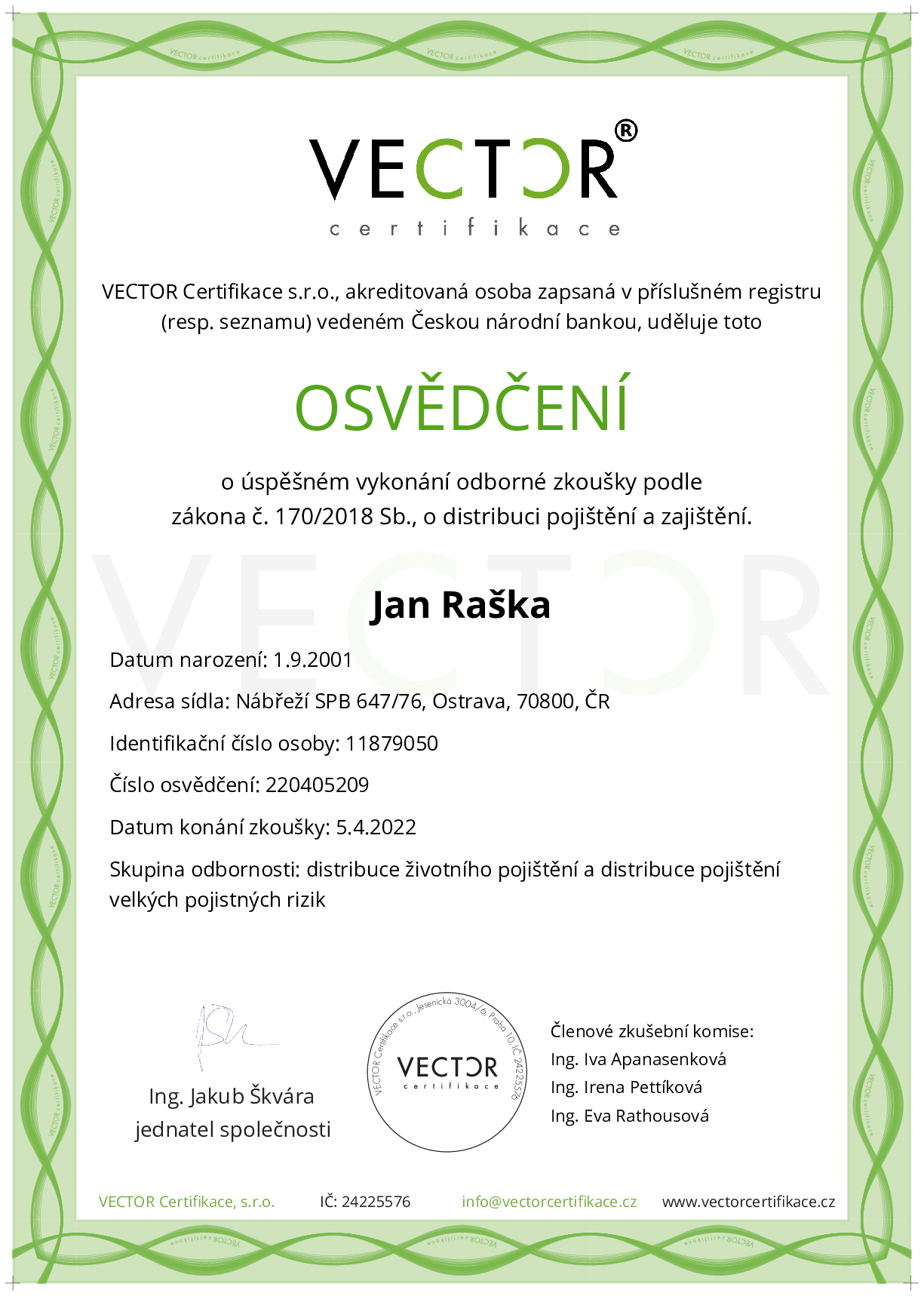 Osvědčení ze zkoušky: IX. POJ-ABC - Souhrnná zkouška na pojištění