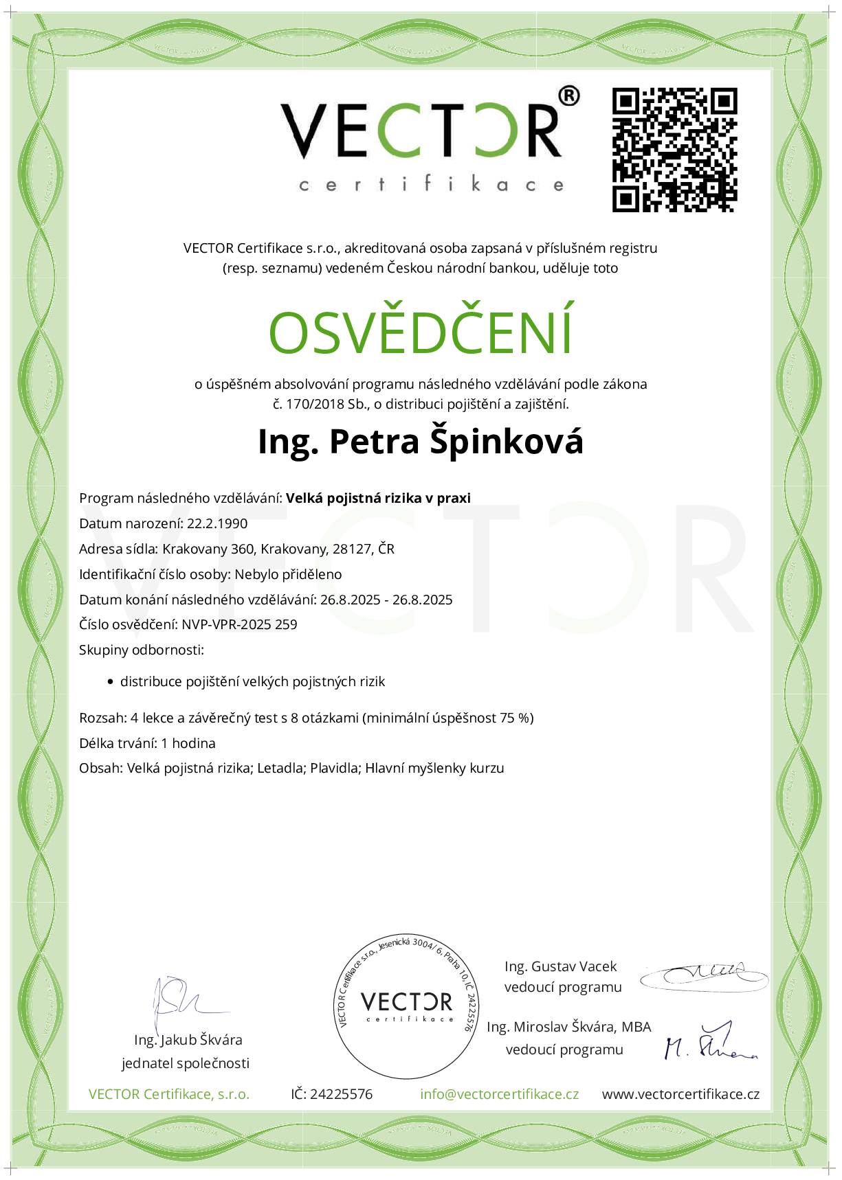 Osvědčení kurzu: Velká pojistná rizika v praxi (NVP-VPR-2025)