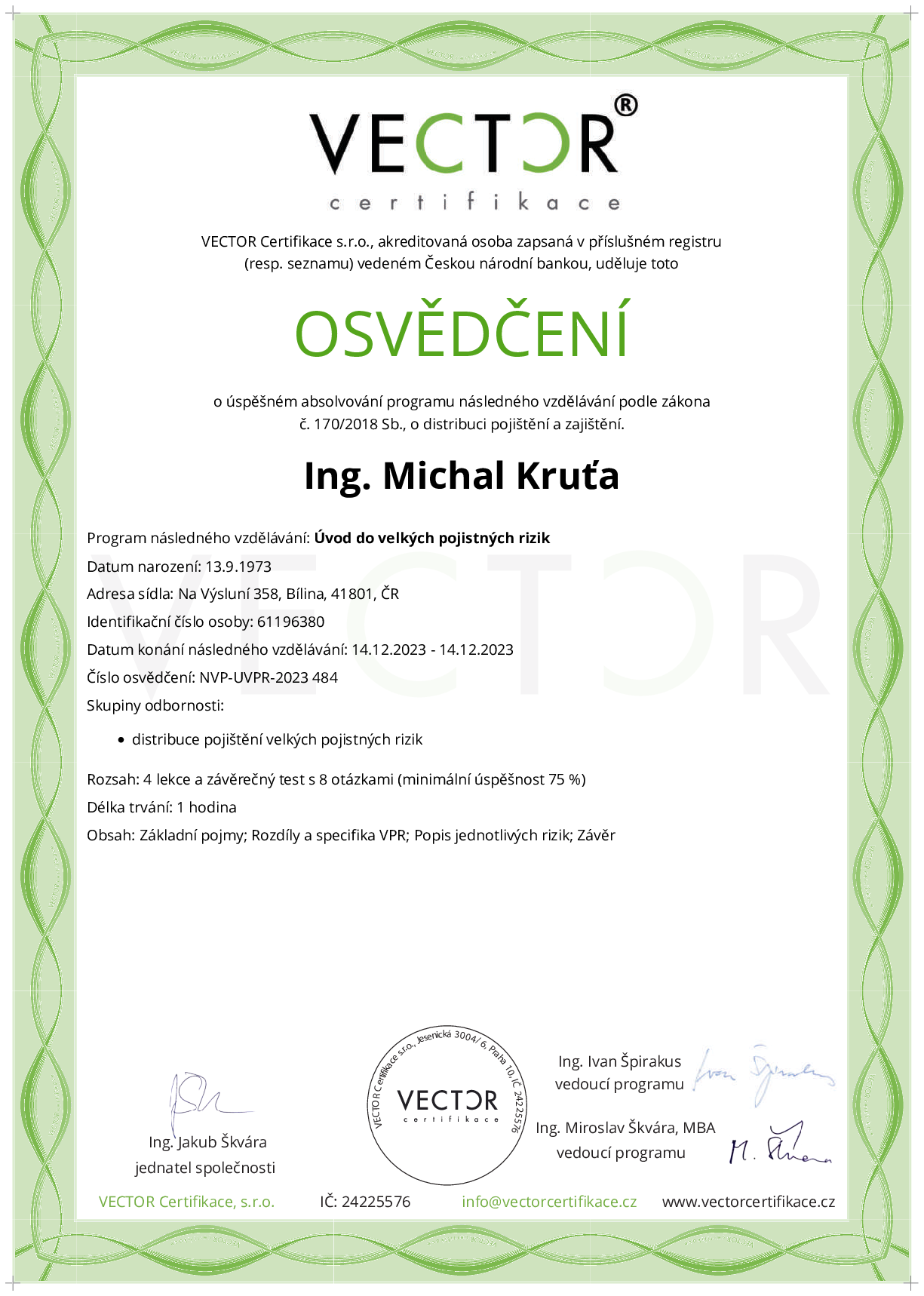 Osvědčení kurzu: Úvod do velkých pojistných rizik (NVP-UVPR-2023)