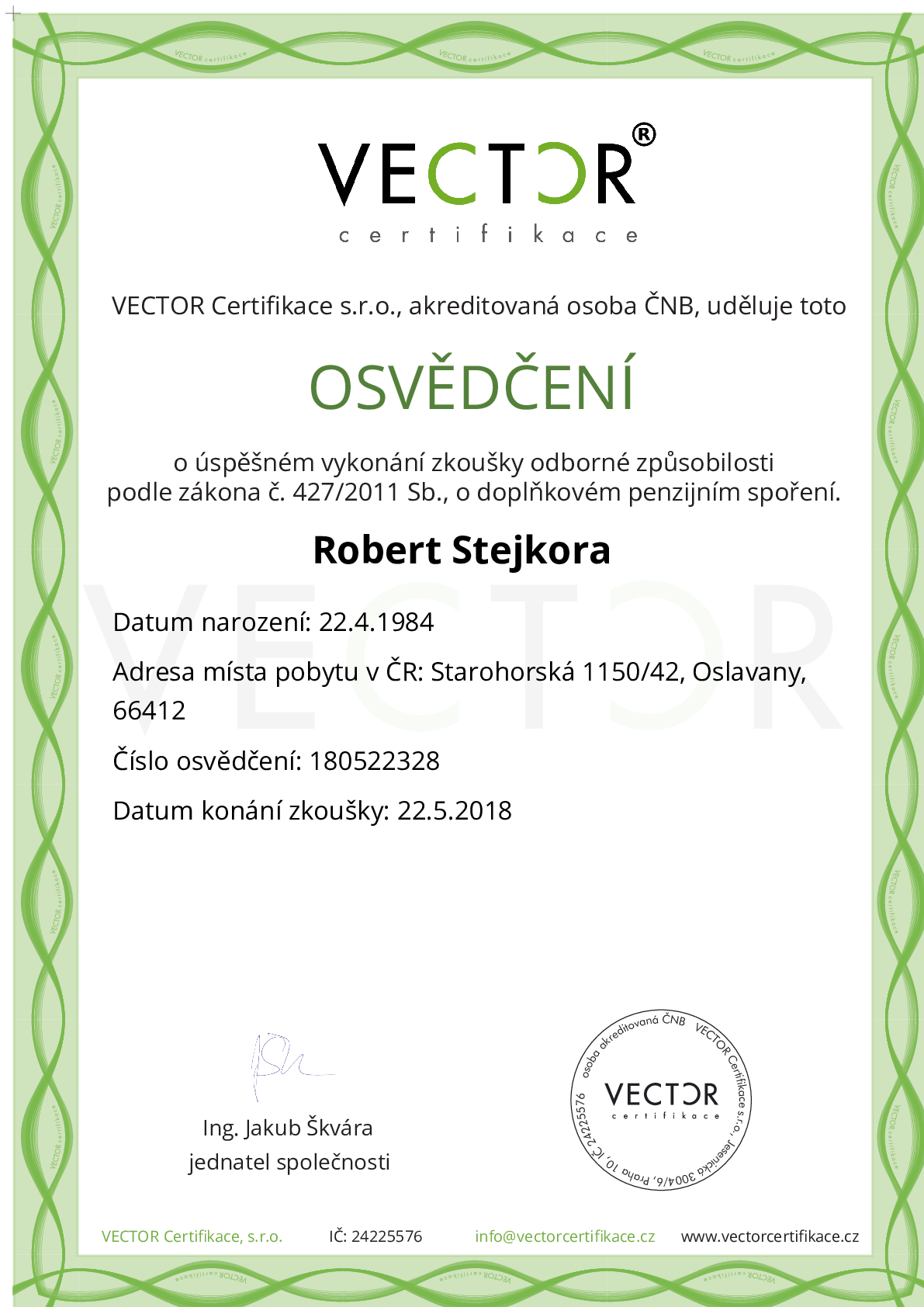 Osvědčení ze zkoušky: DPS - Doplňkové penzijní spoření
