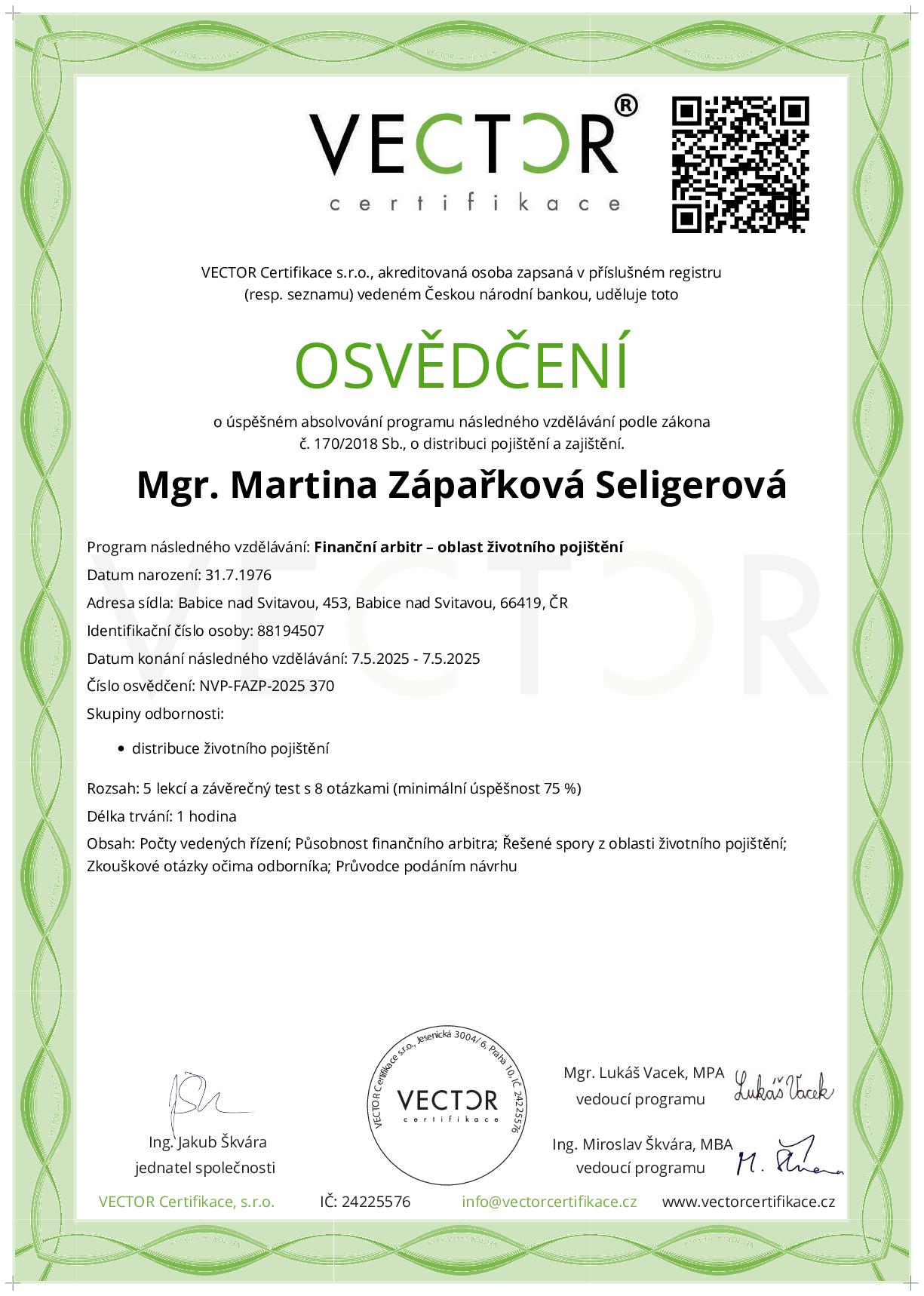 Osvědčení kurzu: Finanční arbitr – oblast životního pojištění (NVP-FAZP-2025)