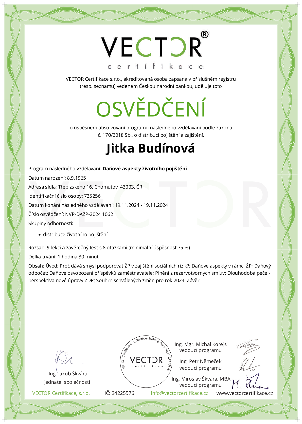 Osvědčení kurzu: Daňové aspekty životního pojištění (NVP-DAZP-2024)