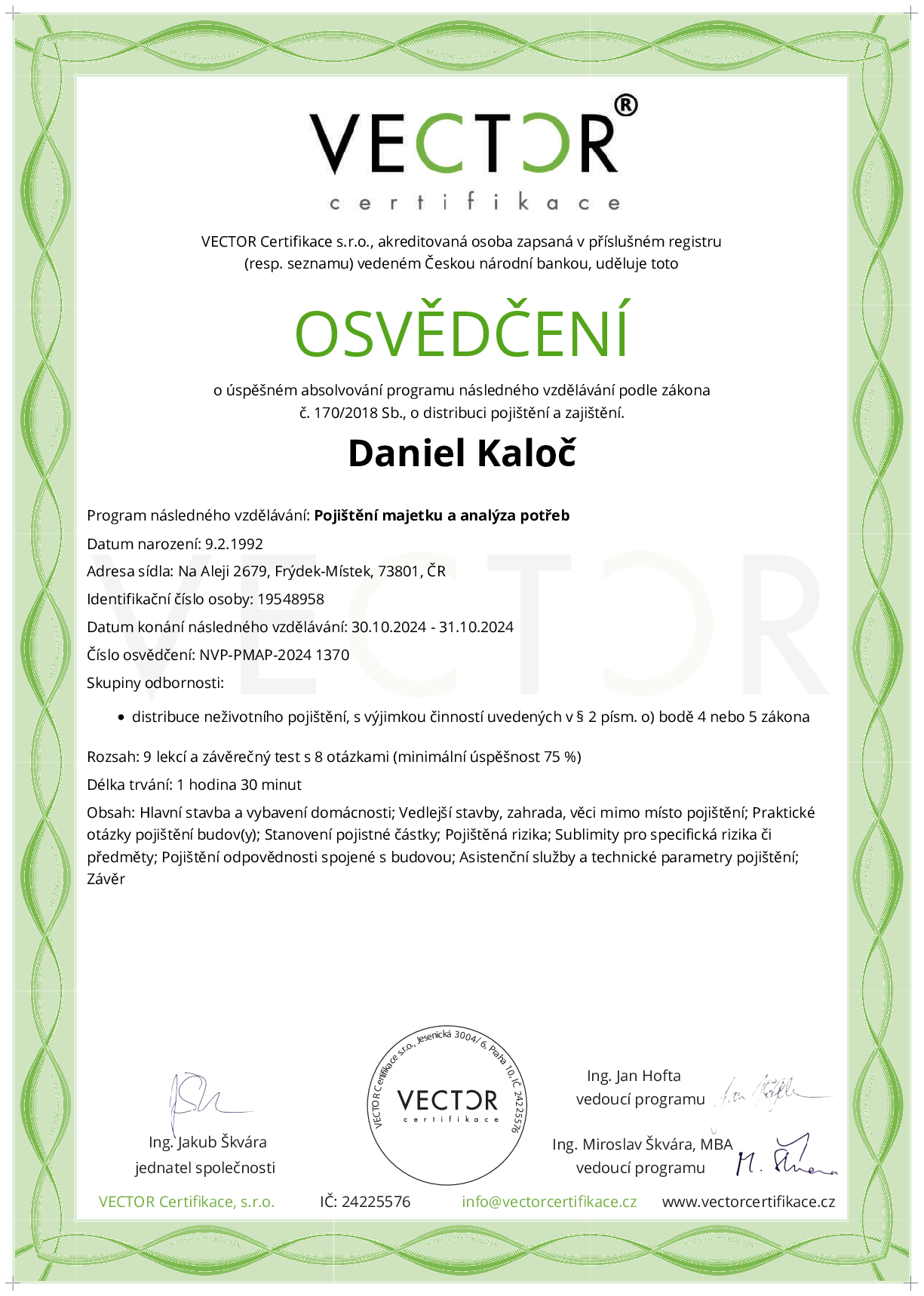 Osvědčení kurzu: Pojištění majetku a analýza potřeb (NVP-PMAP-2024)