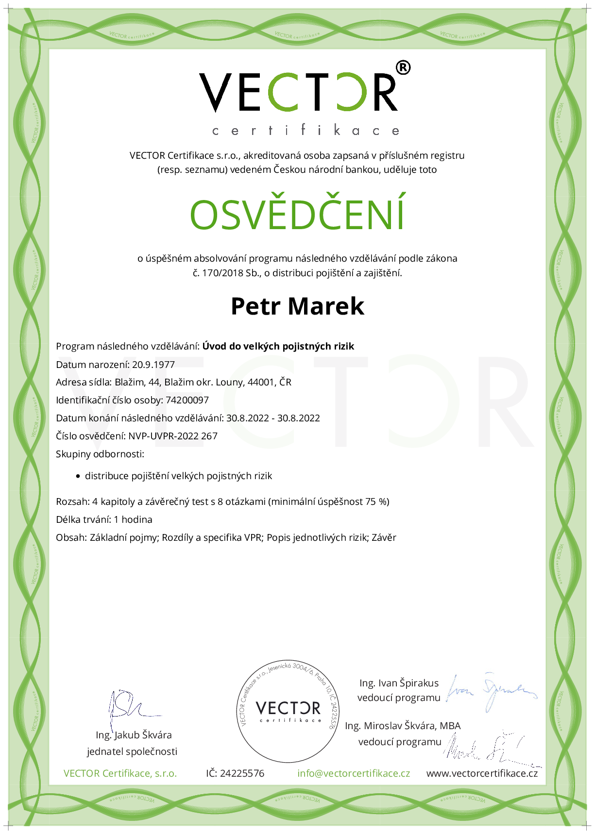 Osvědčení kurzu: Úvod do velkých pojistných rizik (NVP-UVPR-2022)