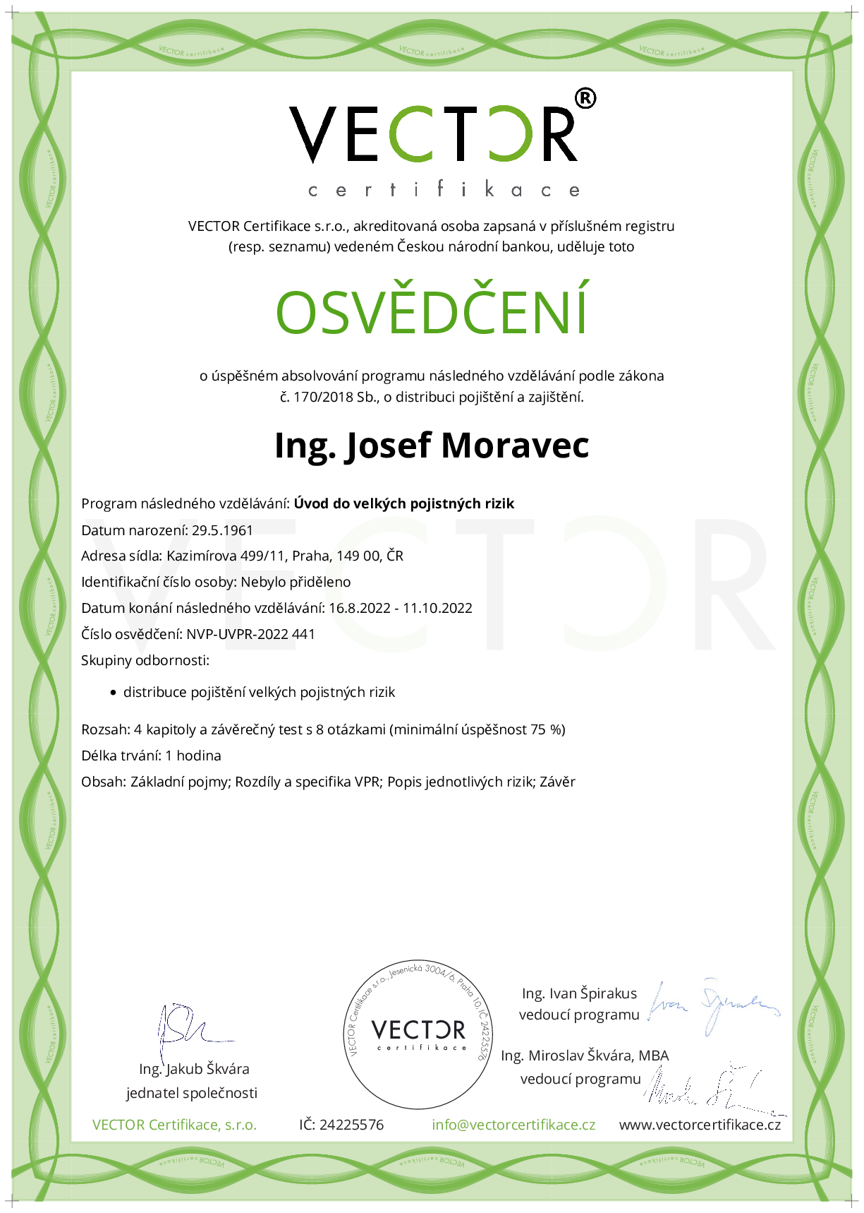 Osvědčení kurzu: Úvod do velkých pojistných rizik (NVP-UVPR-2022)