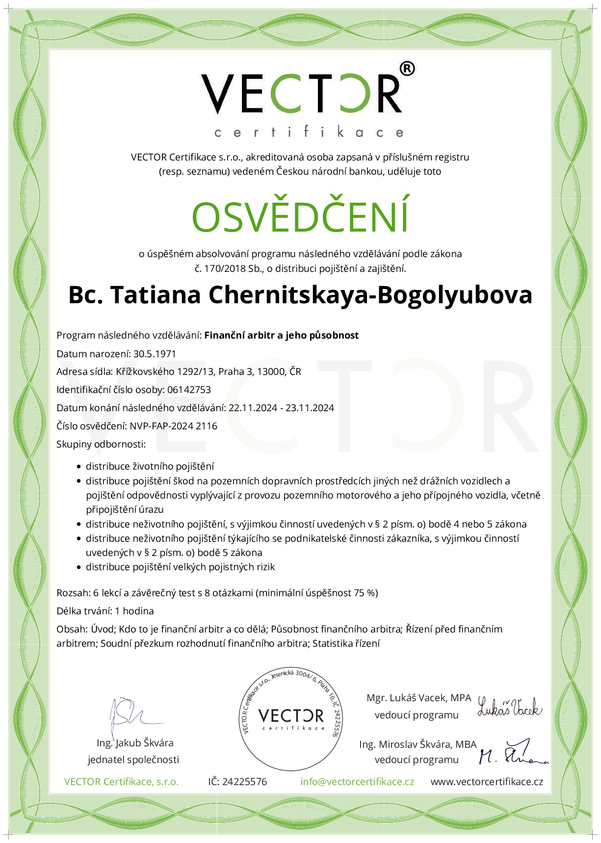 Osvědčení kurzu: Finanční arbitr a jeho působnost (NVP-FAP-2024)