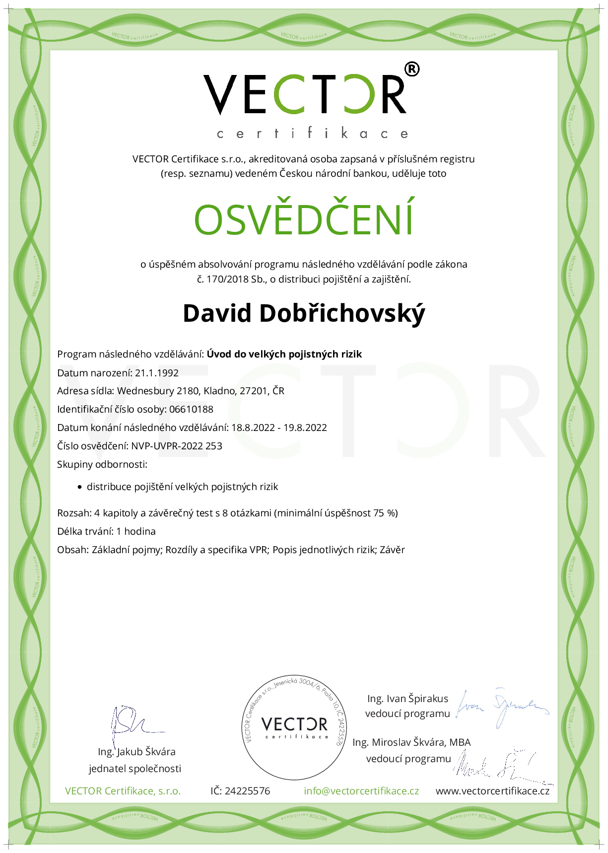 Osvědčení kurzu: Úvod do velkých pojistných rizik (NVP-UVPR-2022)