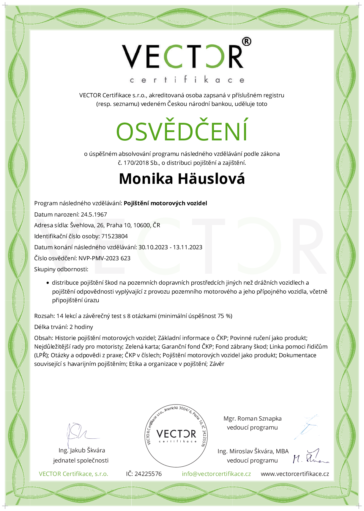 Osvědčení kurzu: Pojištění motorových vozidel (NVP-PMV-2023)