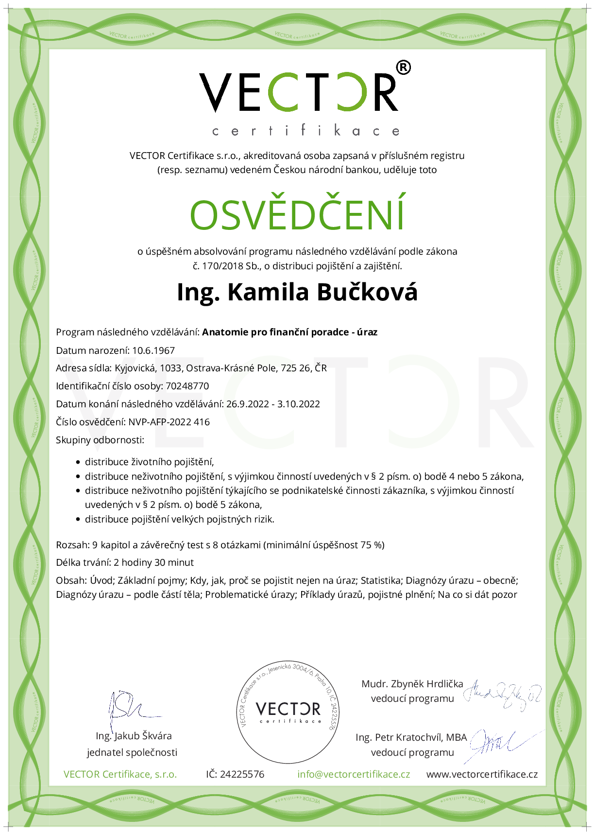 Osvědčení kurzu: Anatomie pro finanční poradce - úraz (NVP-AFP-2022)