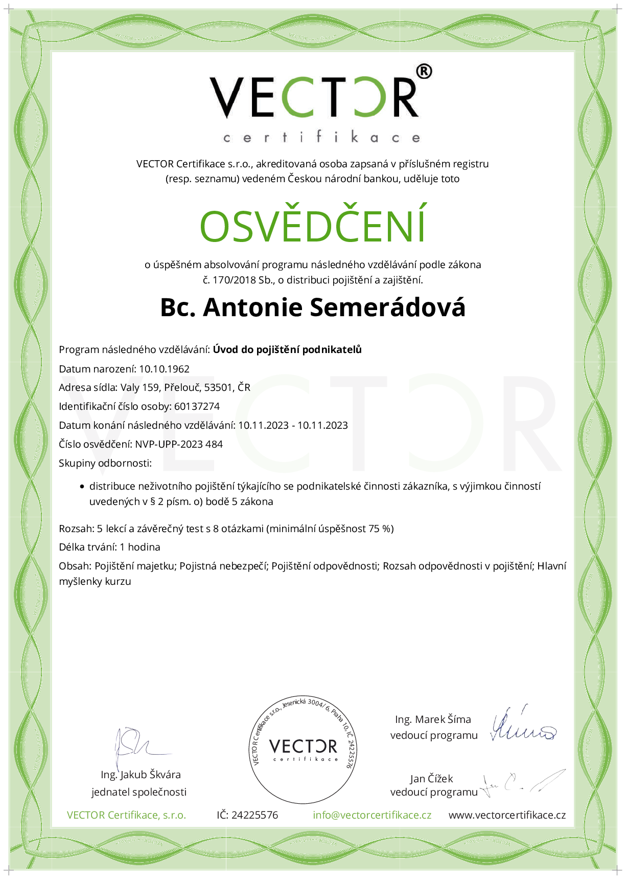 Osvědčení kurzu: Úvod do pojištění podnikatelů (NVP-UPP-2023)