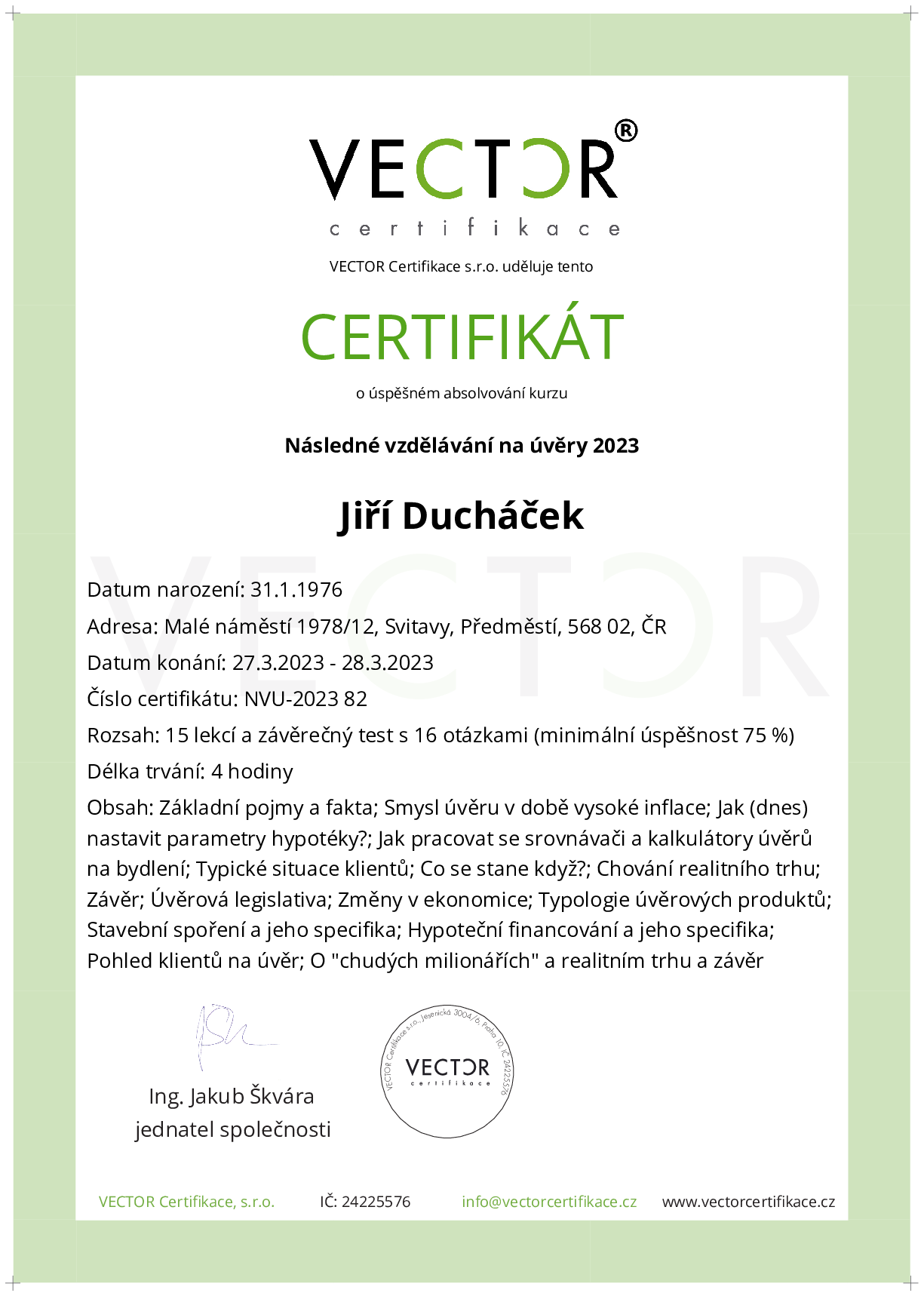 Osvědčení kurzu: Následné vzdělávání na úvěry 2023 (NVU-2023)
