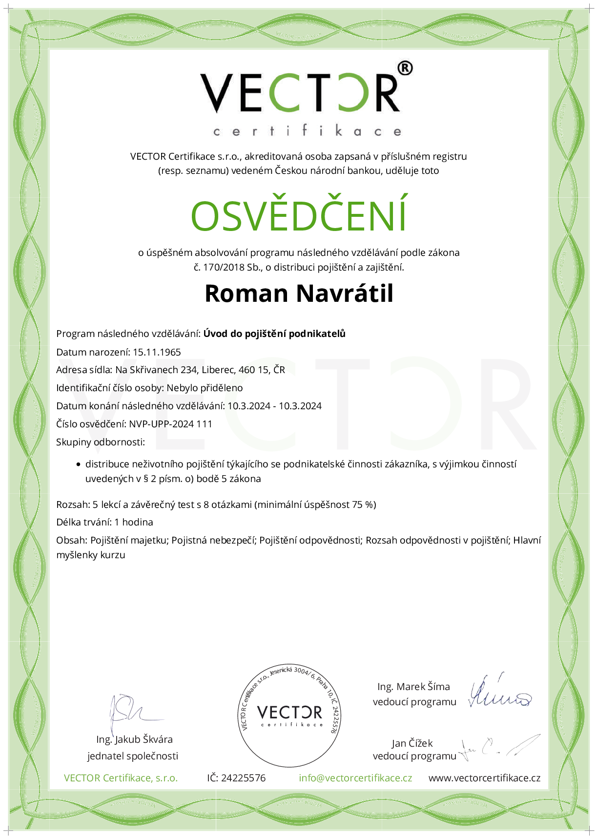 Osvědčení kurzu: Úvod do pojištění podnikatelů (NVP-UPP-2024)