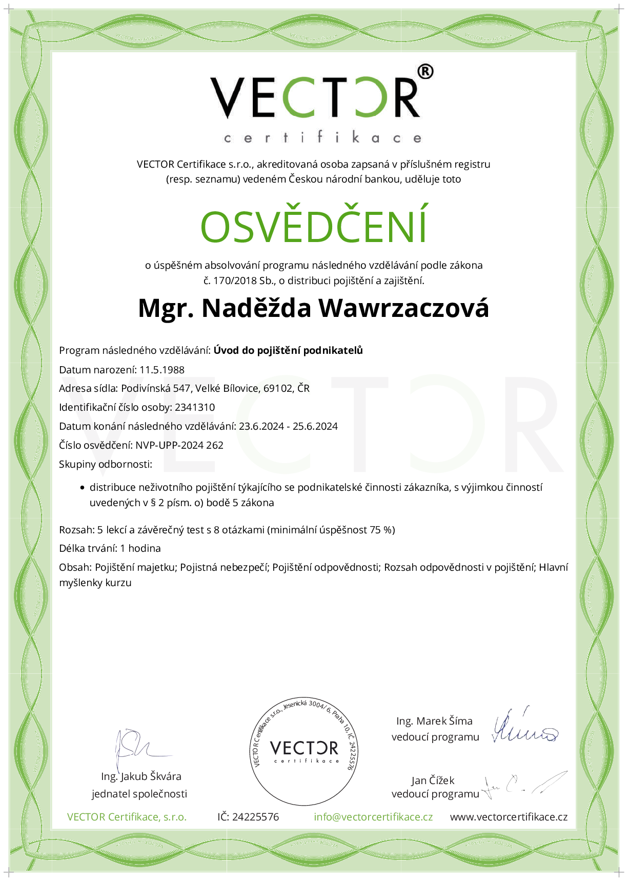 Osvědčení kurzu: Úvod do pojištění podnikatelů (NVP-UPP-2024)