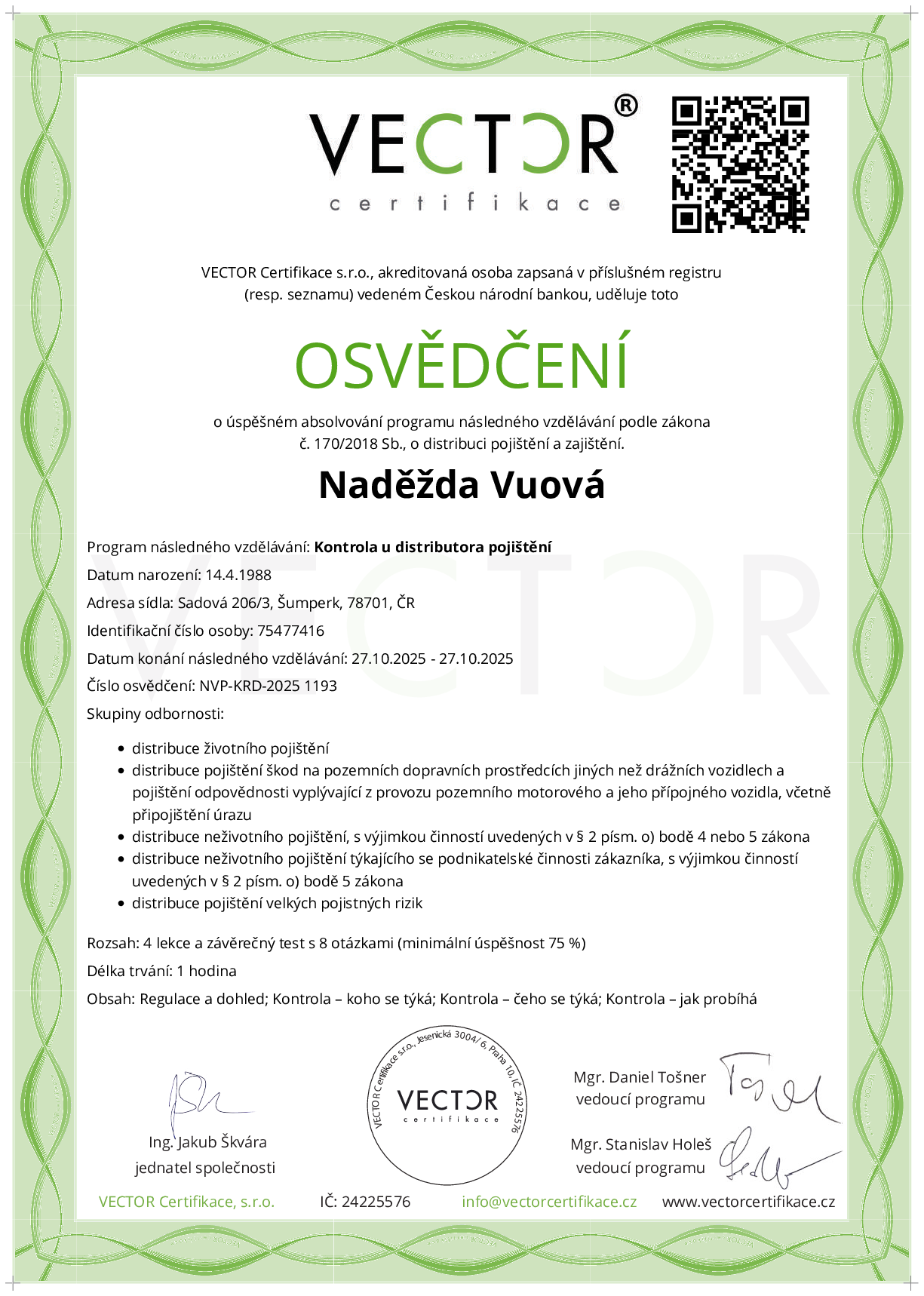 Osvědčení kurzu: Kontrola u distributora pojištění (NVP-KRD-2025)