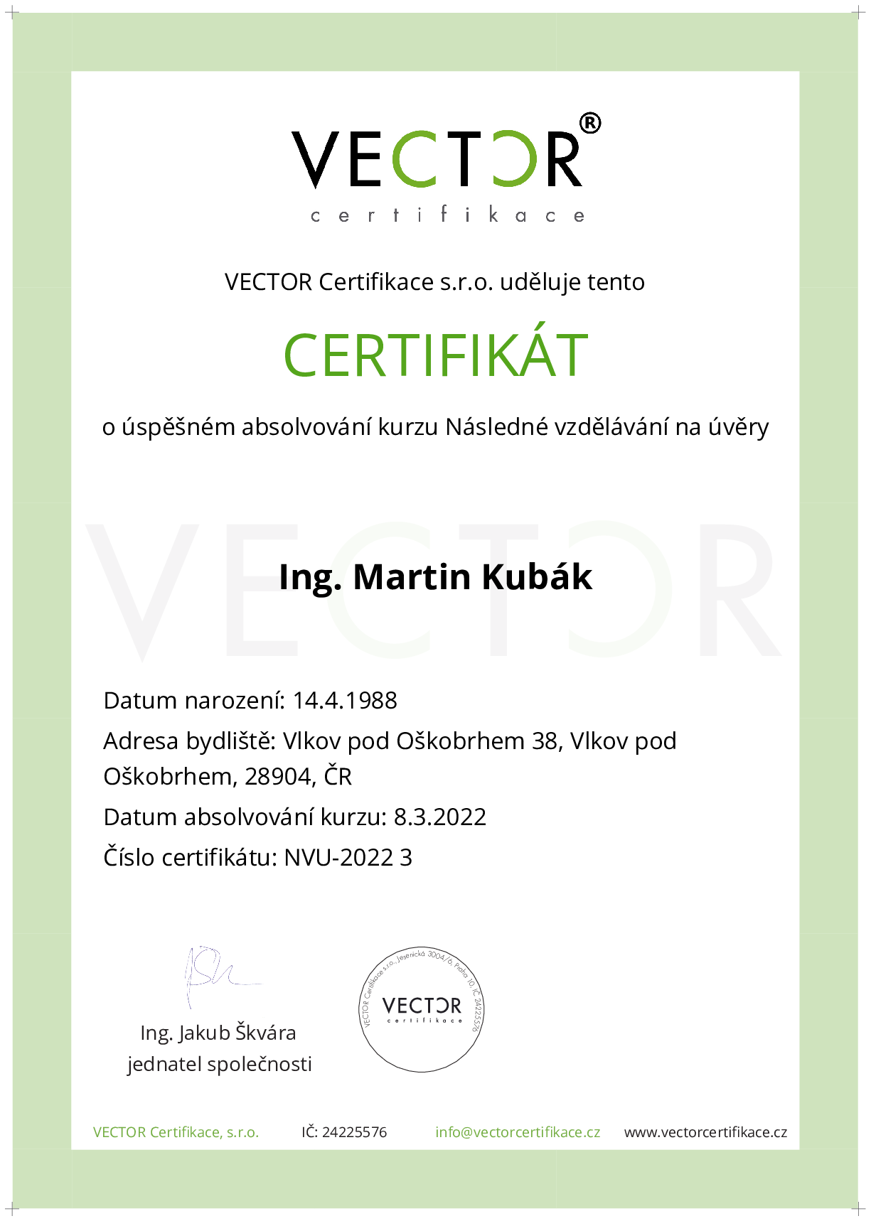 Osvědčení kurzu: Následné vzdělávání na úvěry (NVU-2022)