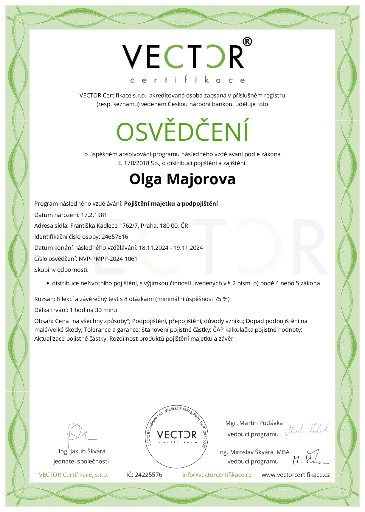 Osvědčení kurzu: Pojištění majetku a podpojištění (NVP-PMPP-2024)
