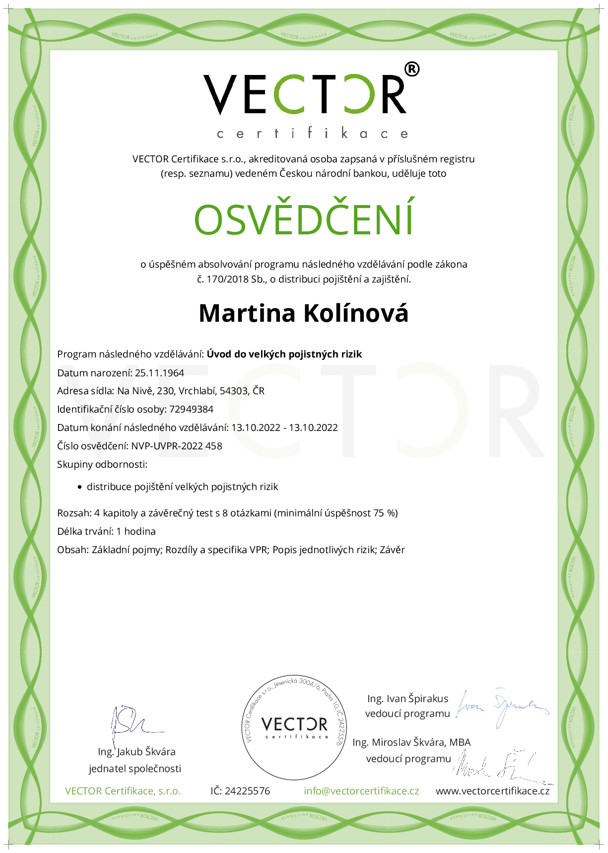 Osvědčení kurzu: Úvod do velkých pojistných rizik (NVP-UVPR-2022)