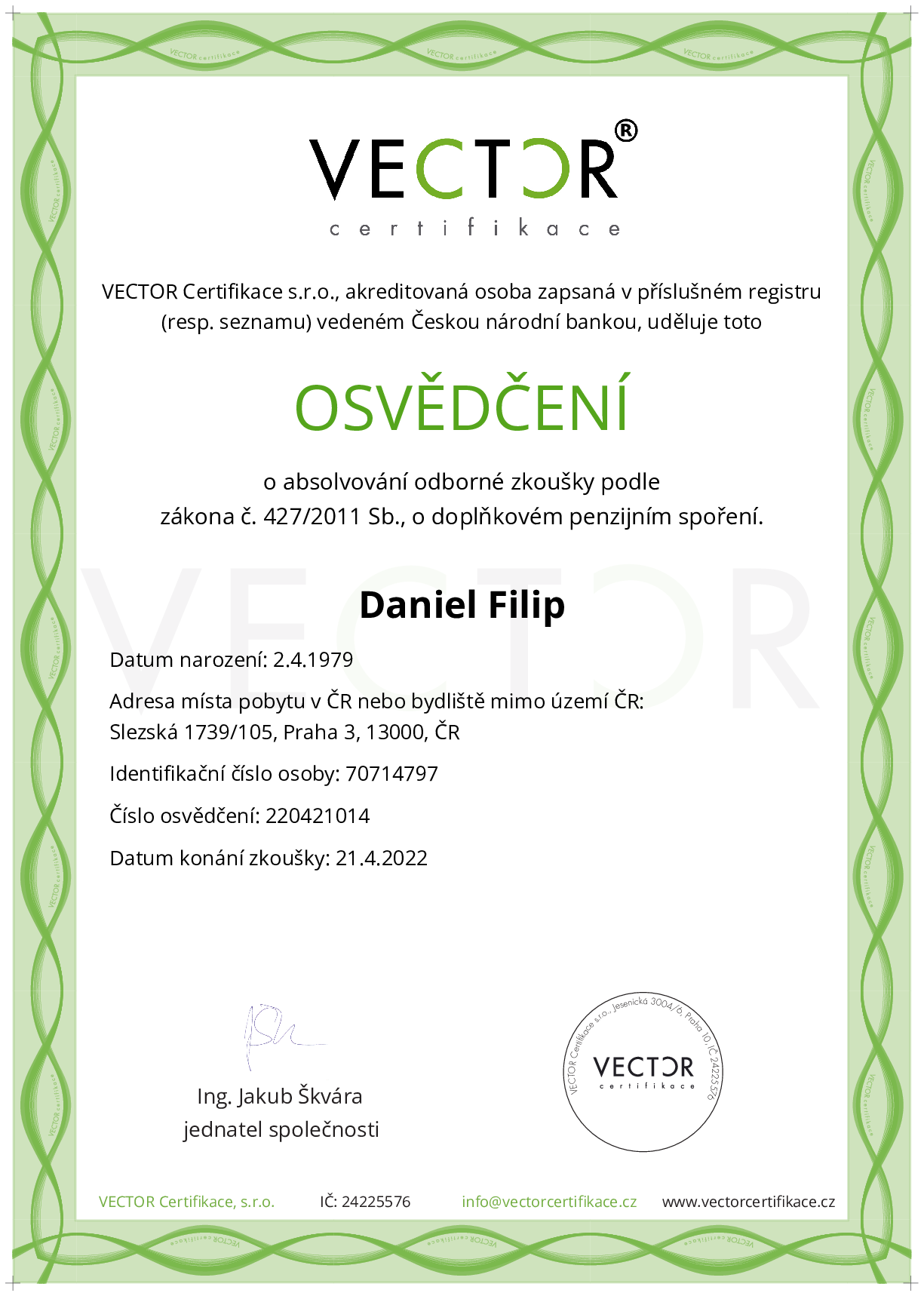 Osvědčení ze zkoušky: DPS - Doplňkové penzijní spoření