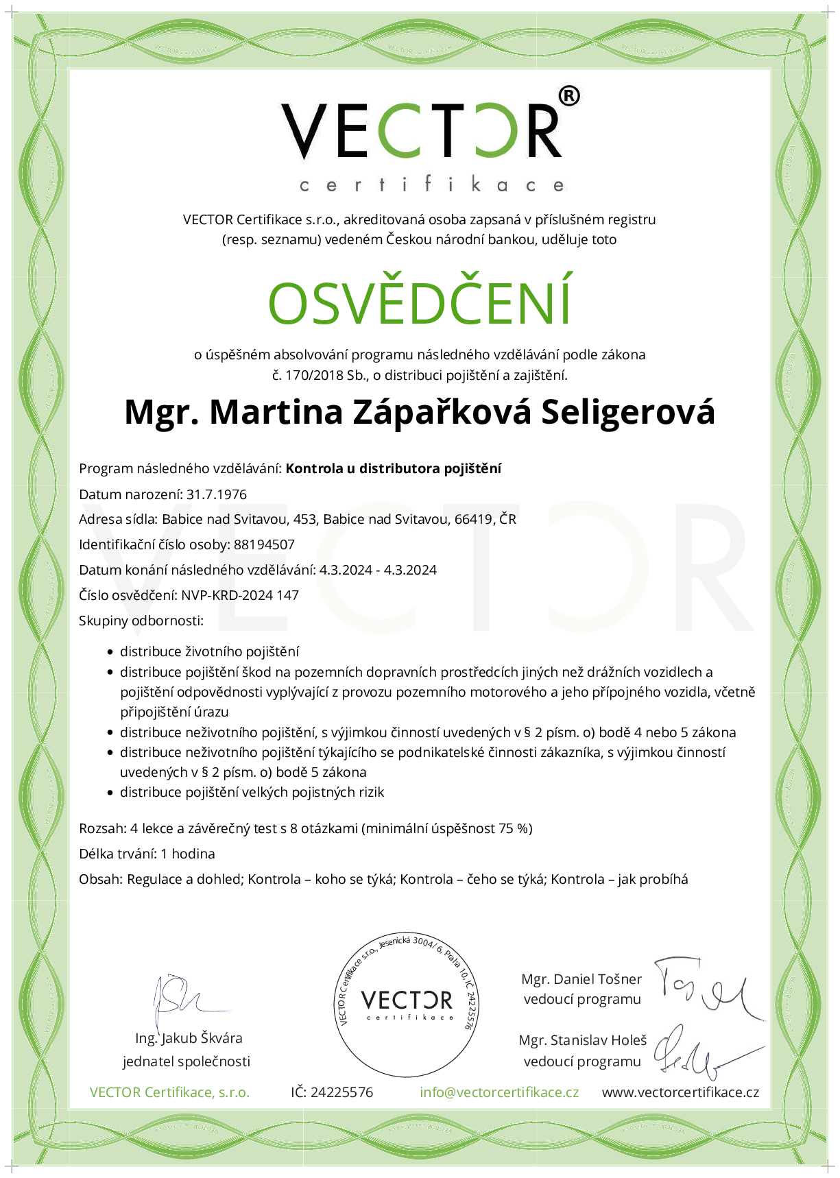 Osvědčení kurzu: Kontrola u distributora pojištění (NVP-KRD-2024)