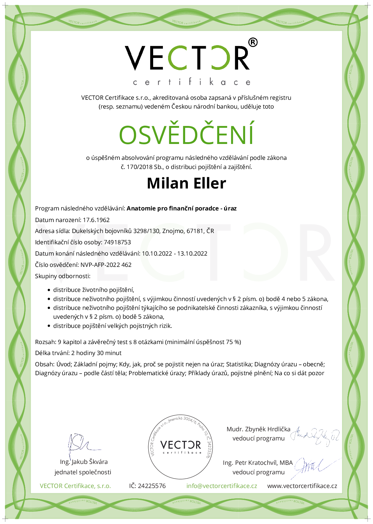 Osvědčení kurzu: Anatomie pro finanční poradce - úraz (NVP-AFP-2022)