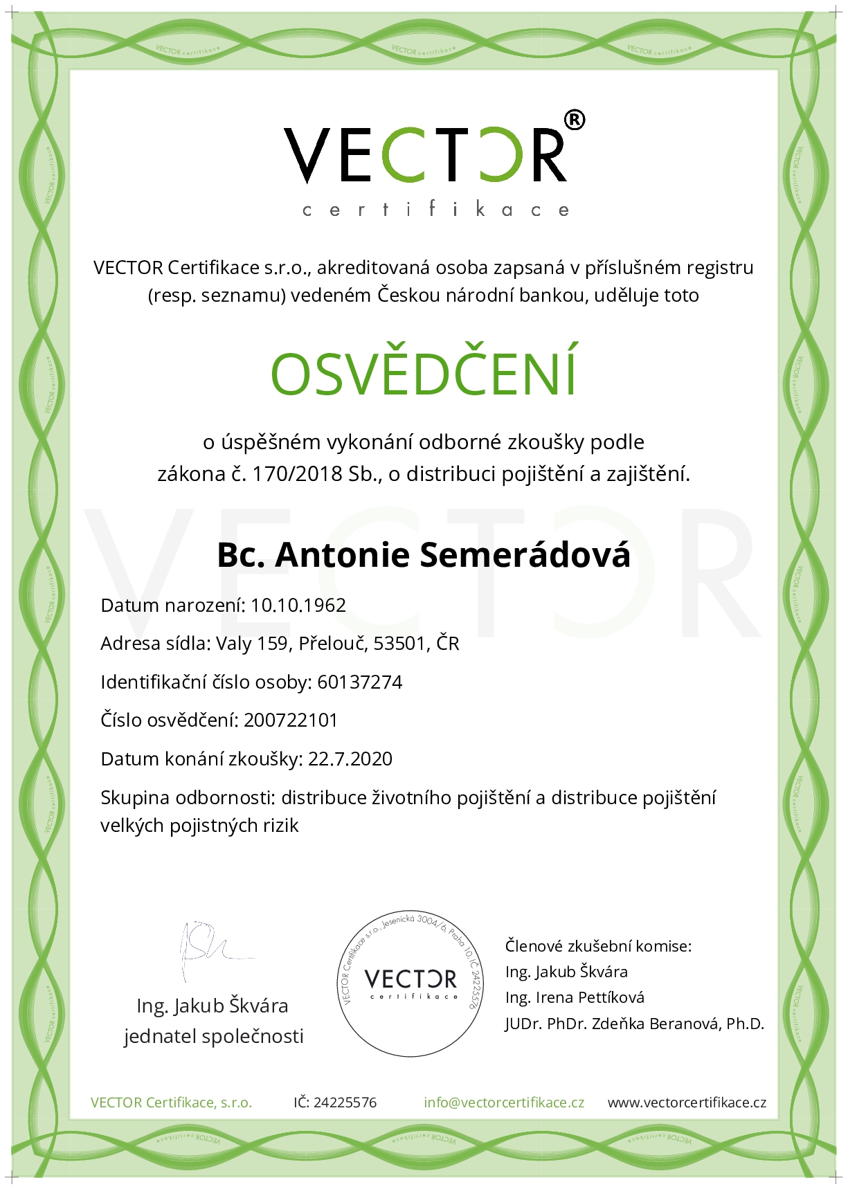 Osvědčení ze zkoušky: IX. POJ-ABC - Souhrnná zkouška na pojištění