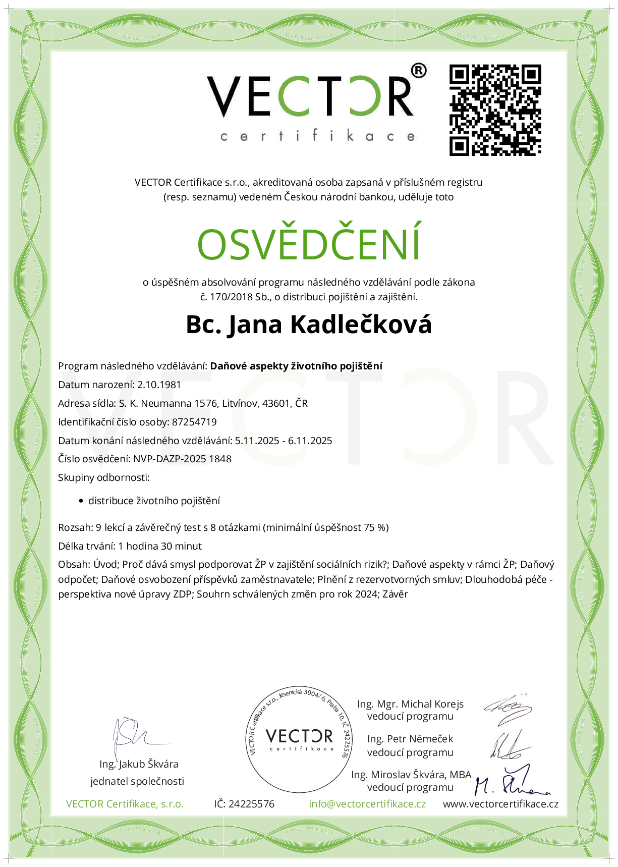 Osvědčení kurzu: Daňové aspekty životního pojištění (NVP-DAZP-2025)