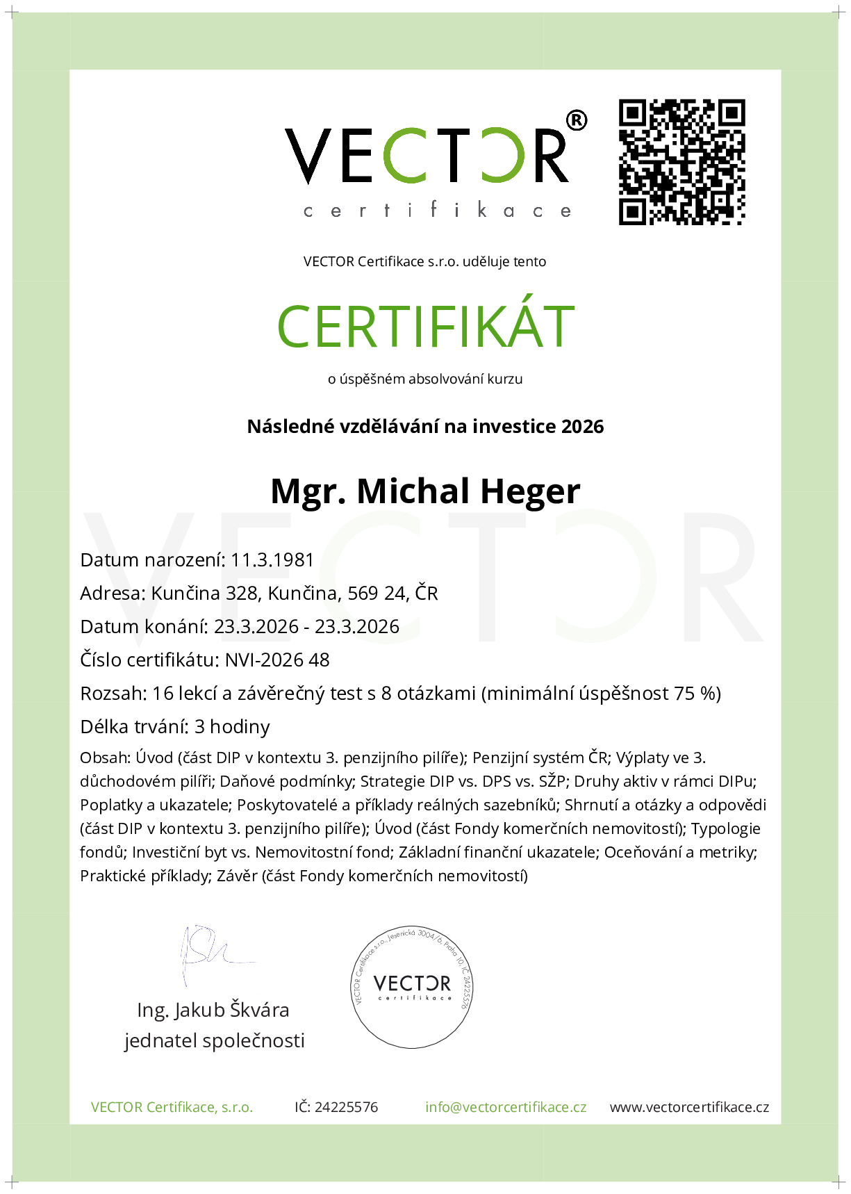 Osvědčení kurzu: Následné vzdělávání na investice 2026 (NVI-2026)