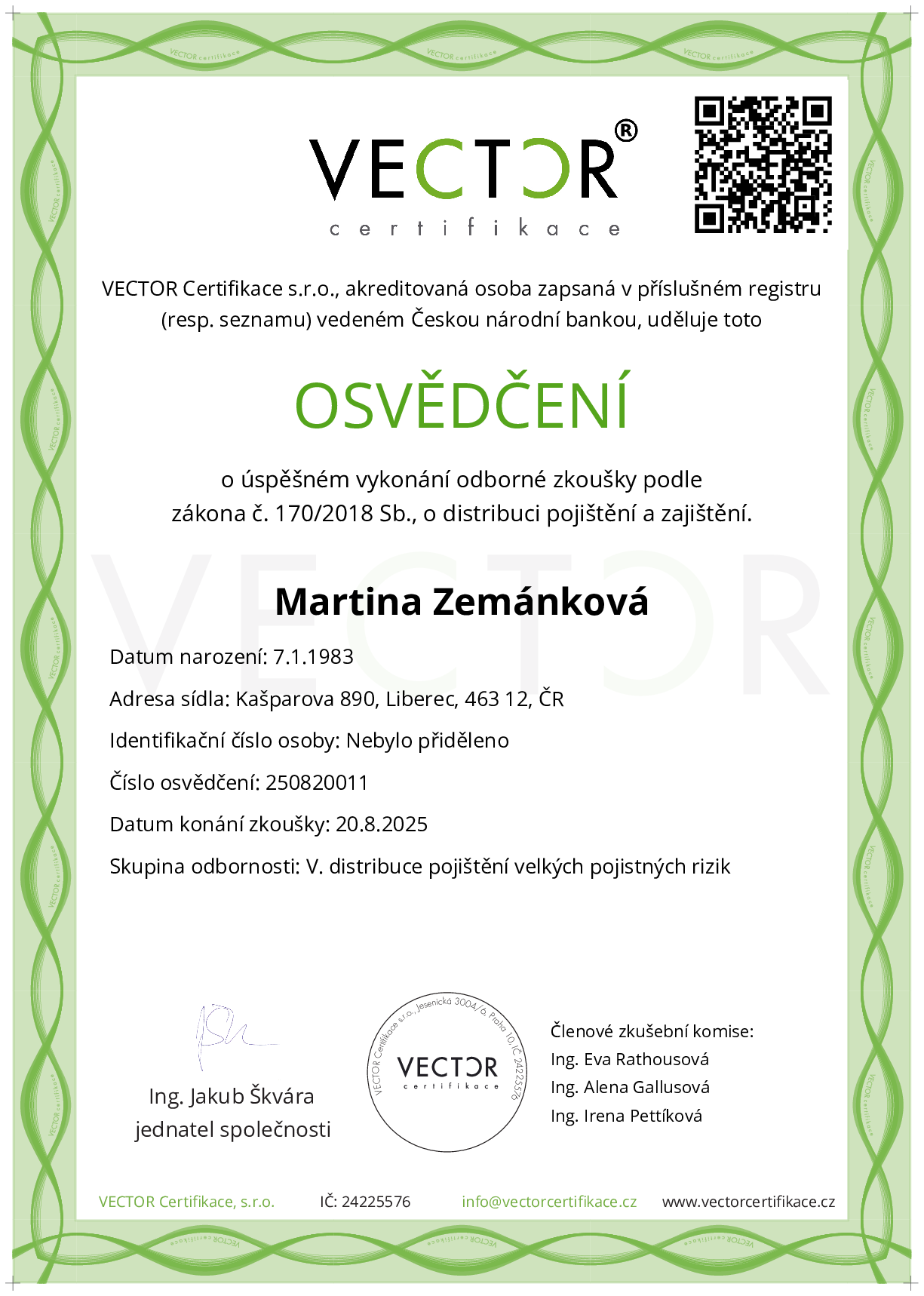 Osvědčení ze zkoušky: V. POJ-VPR - Pojištění velkých pojistných rizik