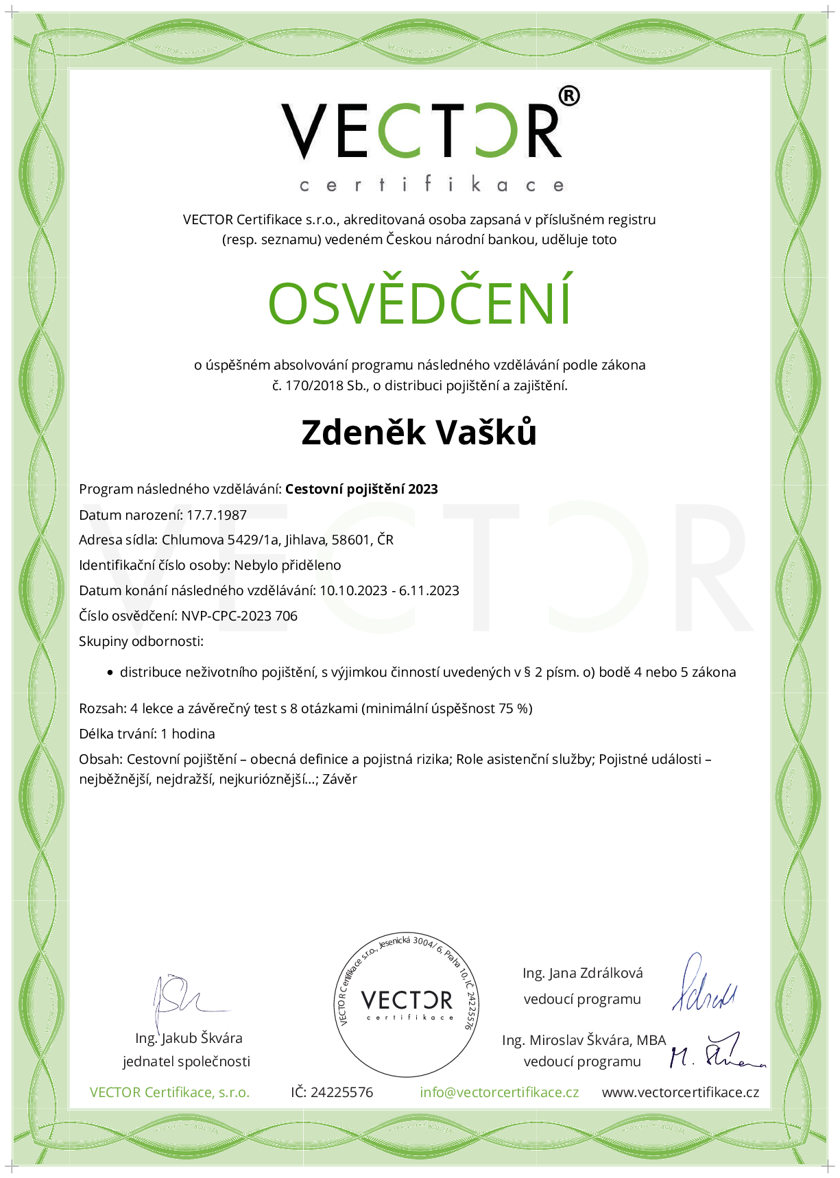 Osvědčení kurzu: Cestovní pojištění 2023 (NVP-CPC-2023)