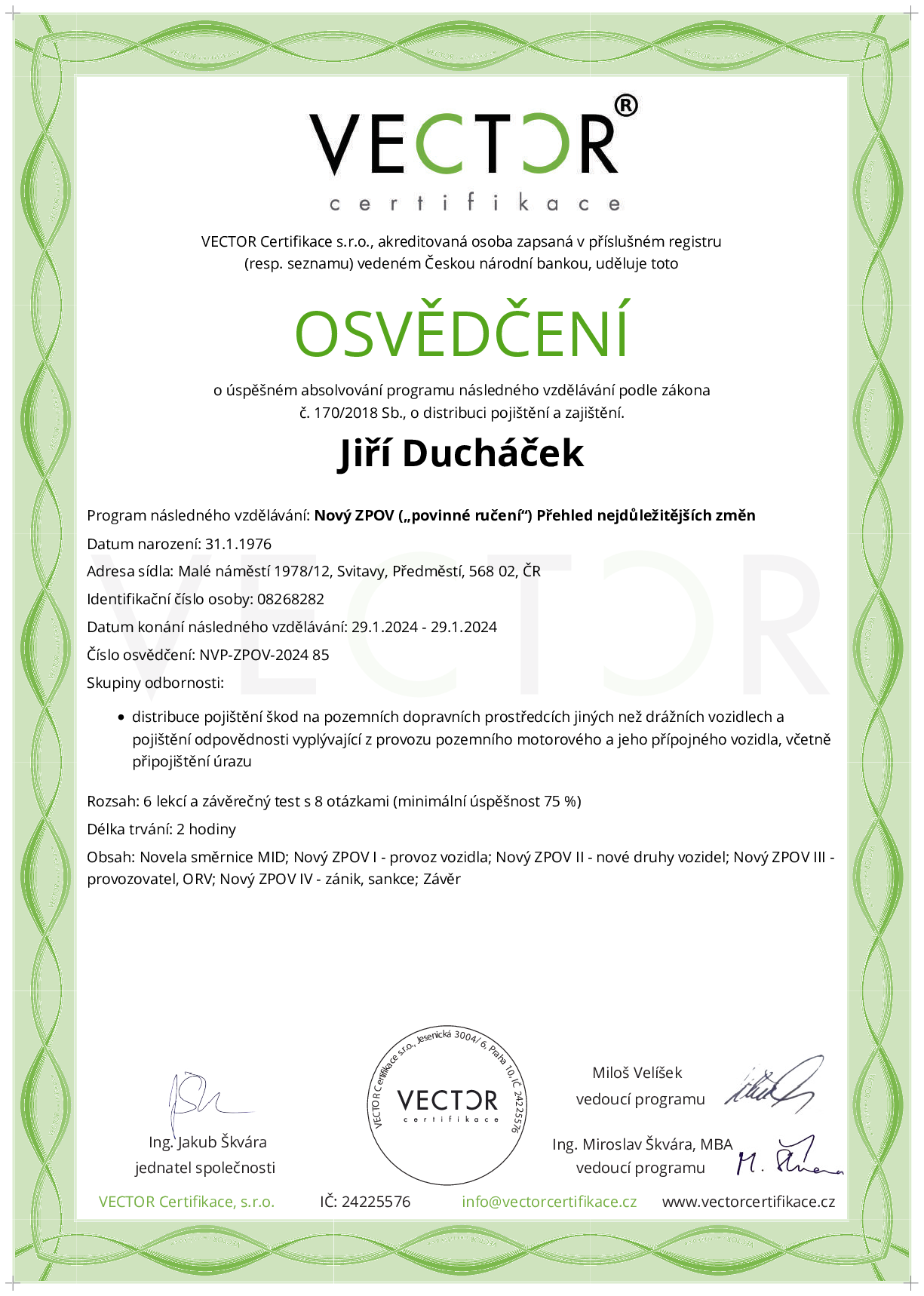 Osvědčení kurzu: Nový ZPOV („povinné ručení“) Přehled nejdůležitějších změn (NVP-ZPOV-2024)