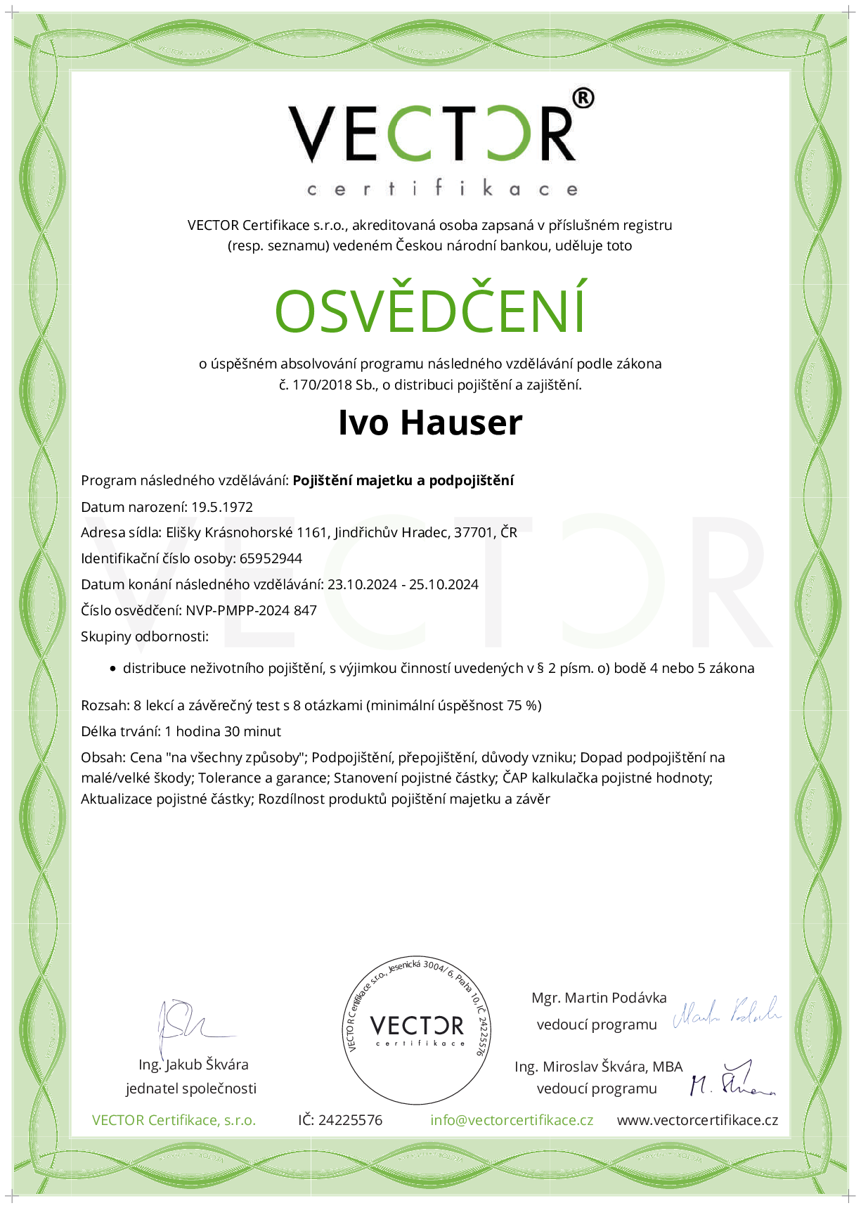 Osvědčení kurzu: Pojištění majetku a podpojištění (NVP-PMPP-2024)