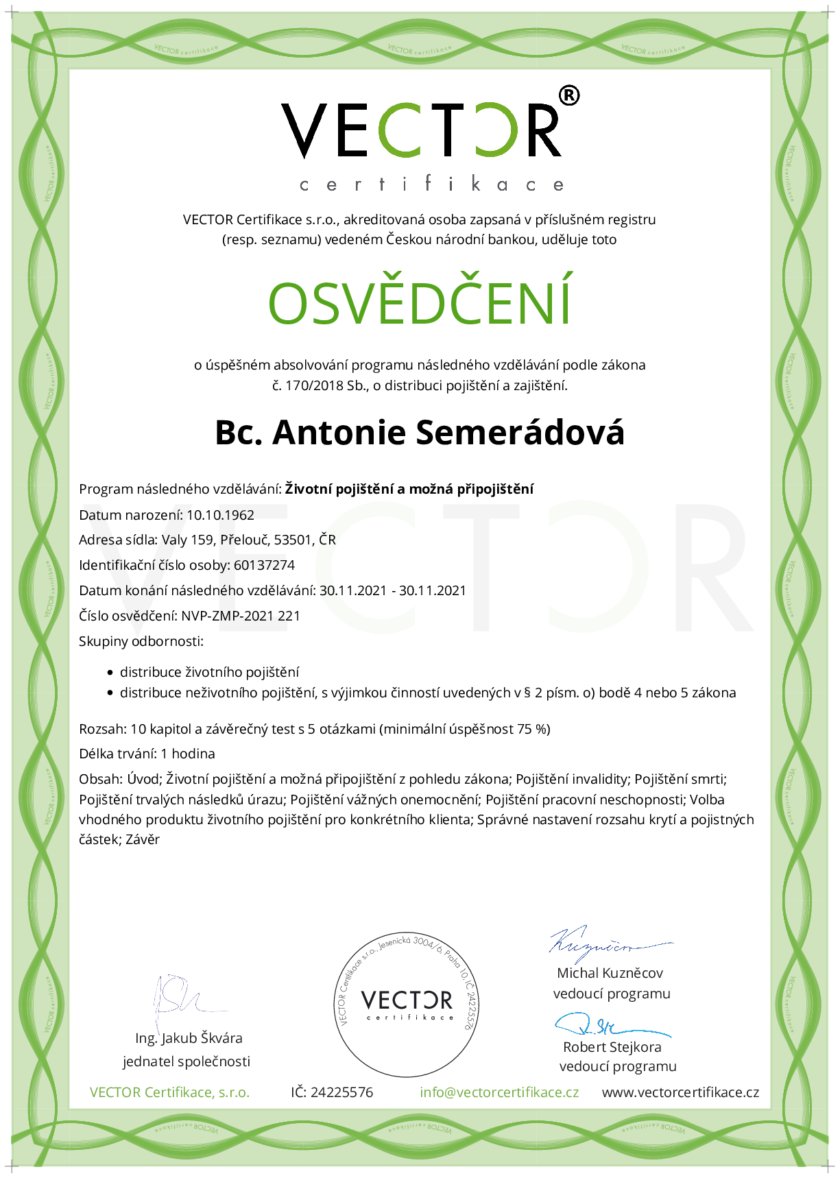 Osvědčení kurzu: Životní pojištění a možná připojištění (NVP-ZMP-2021)