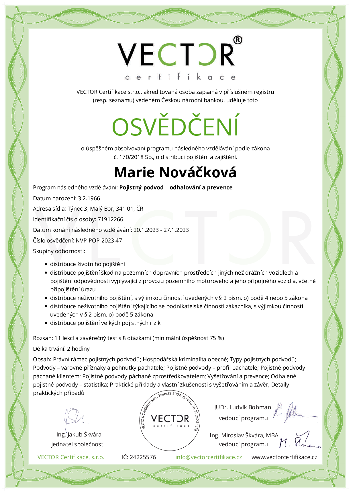 Osvědčení kurzu: Pojistný podvod – odhalování a prevence (NVP-POP-2023)