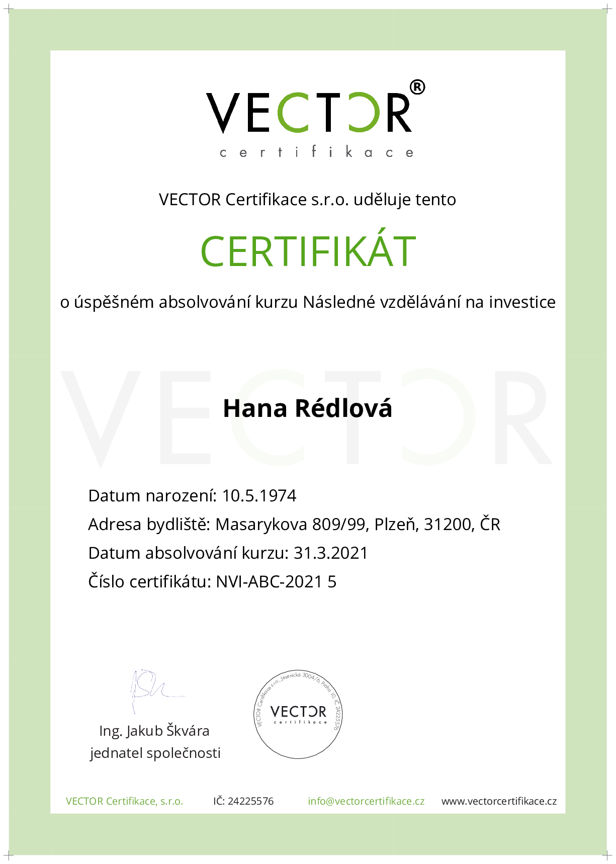 Osvědčení kurzu: Následné vzdělávání na investice (NVI-ABC-2021)