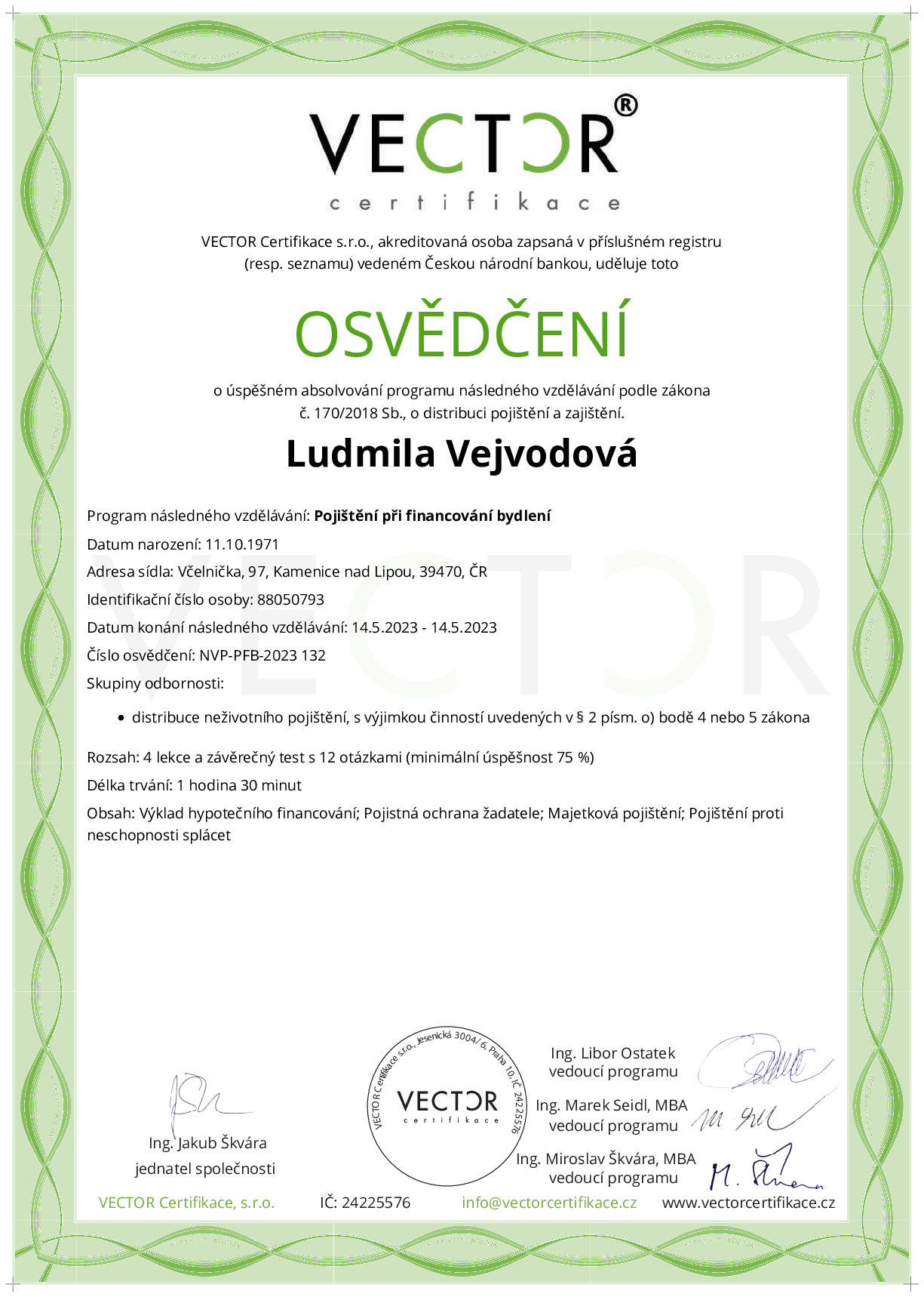 Osvědčení kurzu: Pojištění při financování bydlení (NVP-PFB-2023)