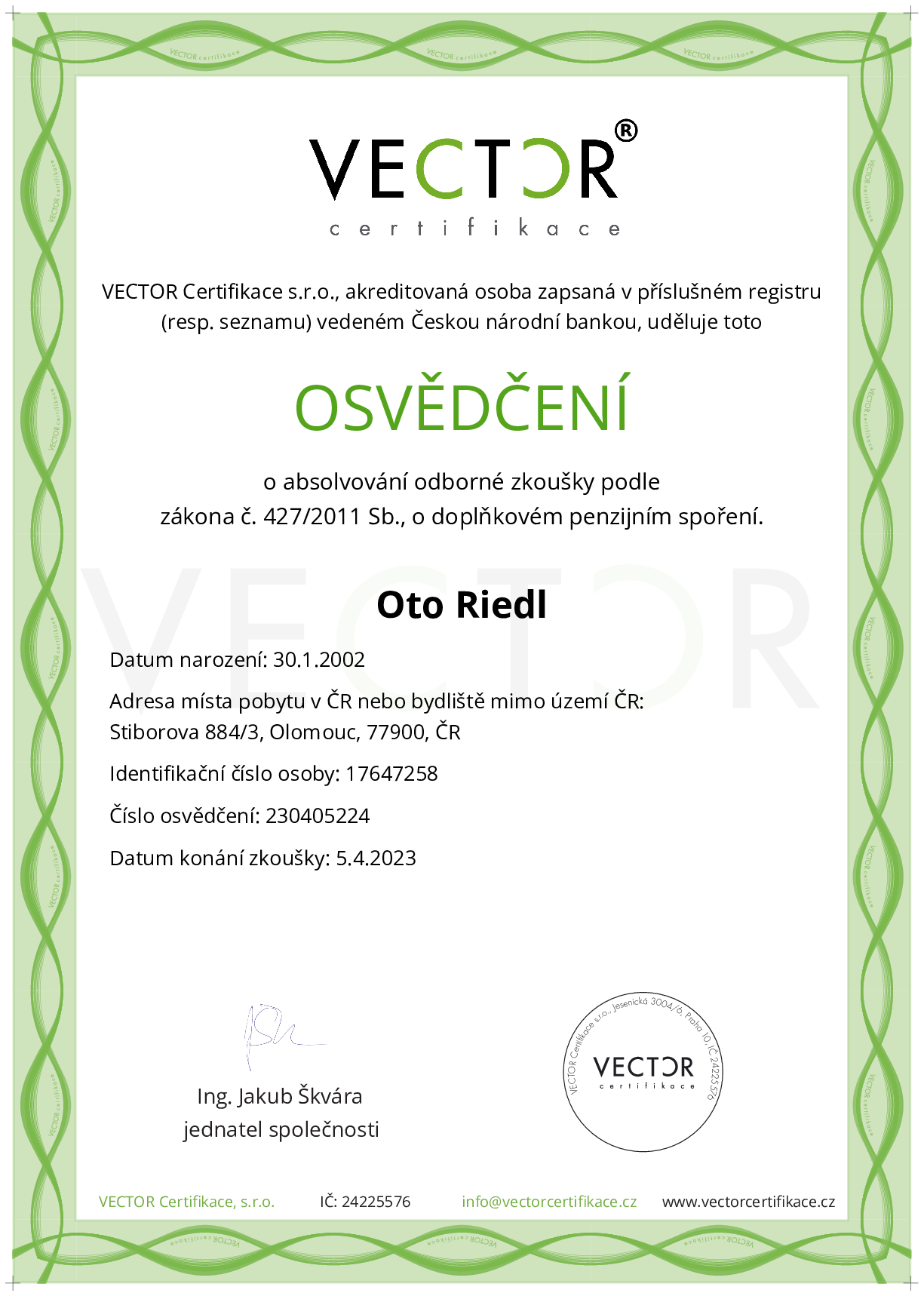 Osvědčení ze zkoušky: DPS - Doplňkové penzijní spoření