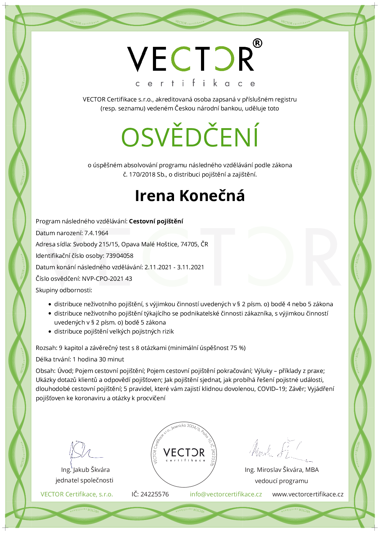 Osvědčení kurzu: Cestovní pojištění (NVP-CPO-2021)