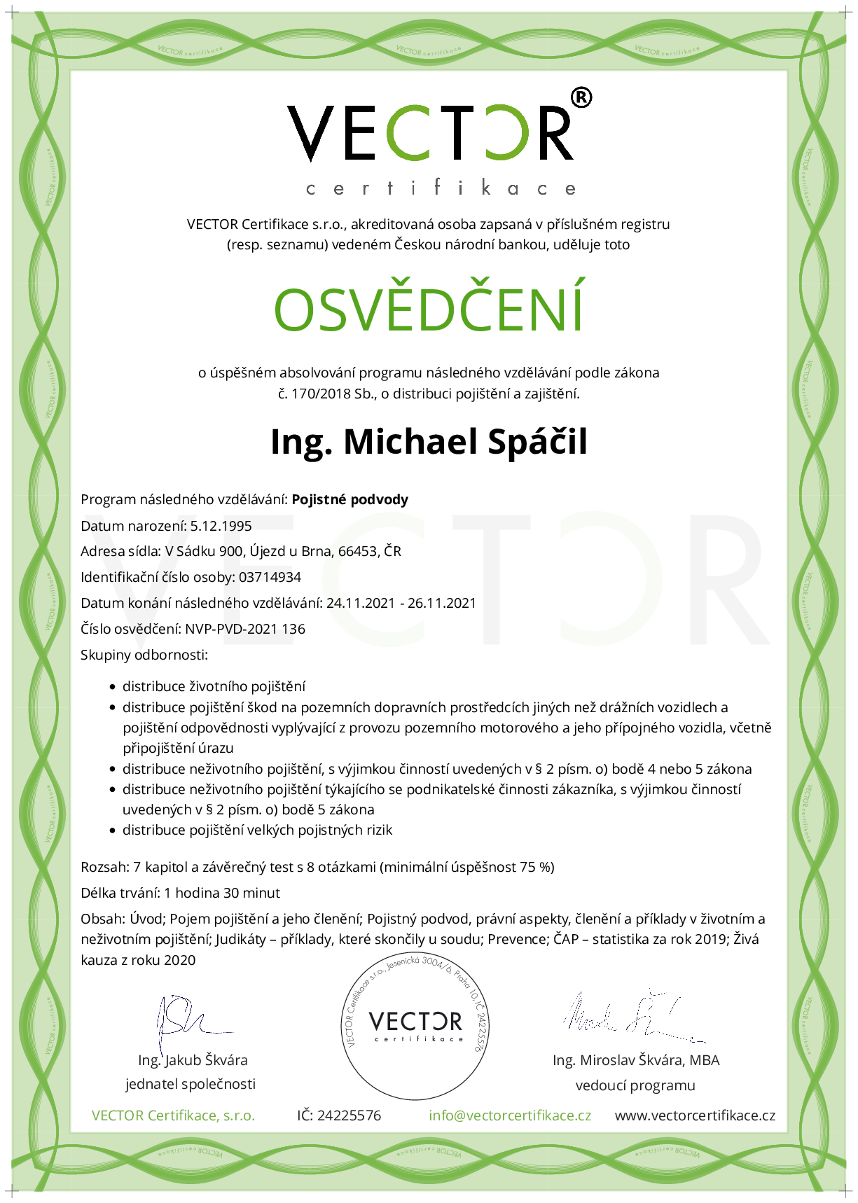 Osvědčení kurzu: Pojistné podvody (NVP-PVD-2021)