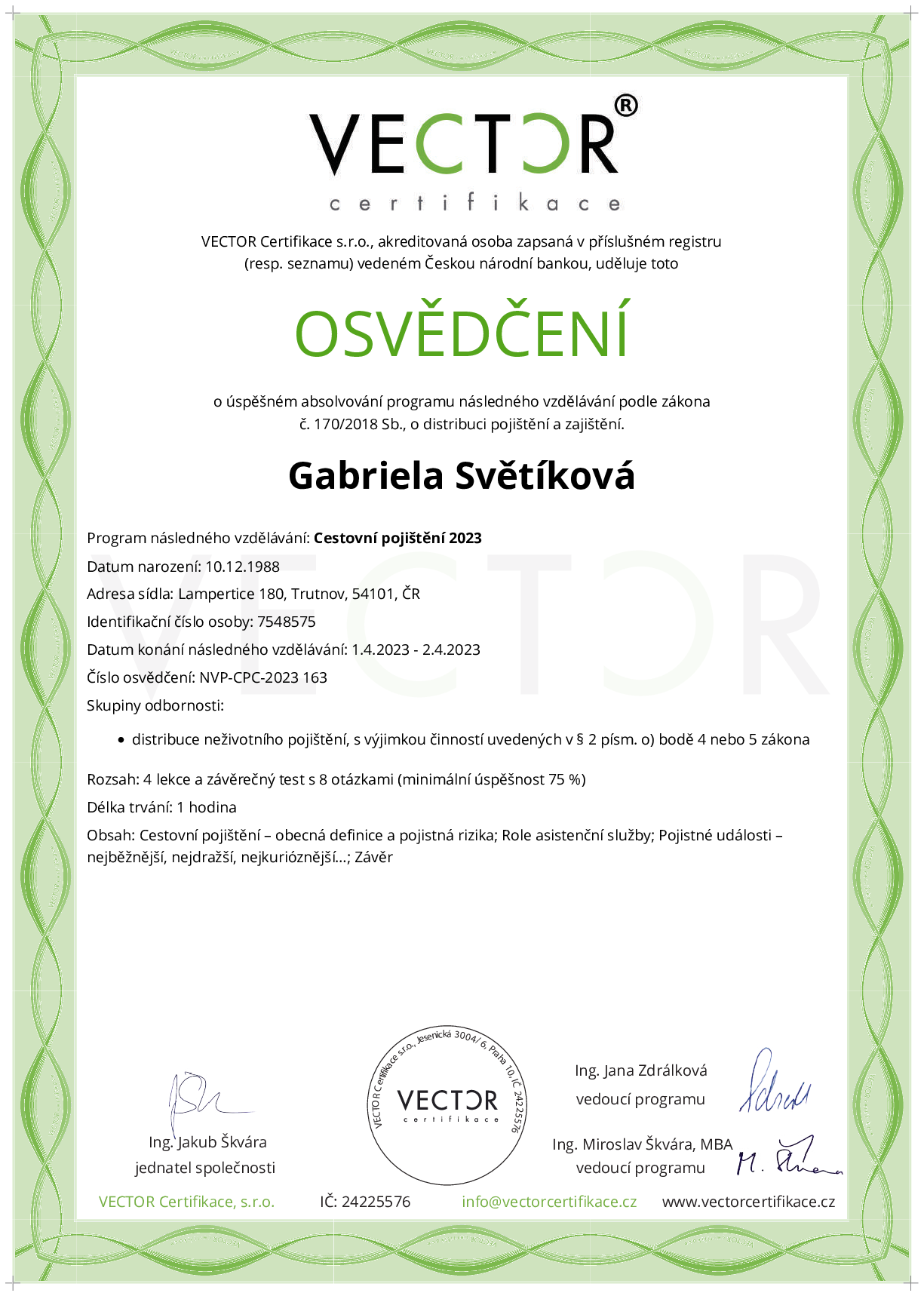 Osvědčení kurzu: Cestovní pojištění 2023 (NVP-CPC-2023)